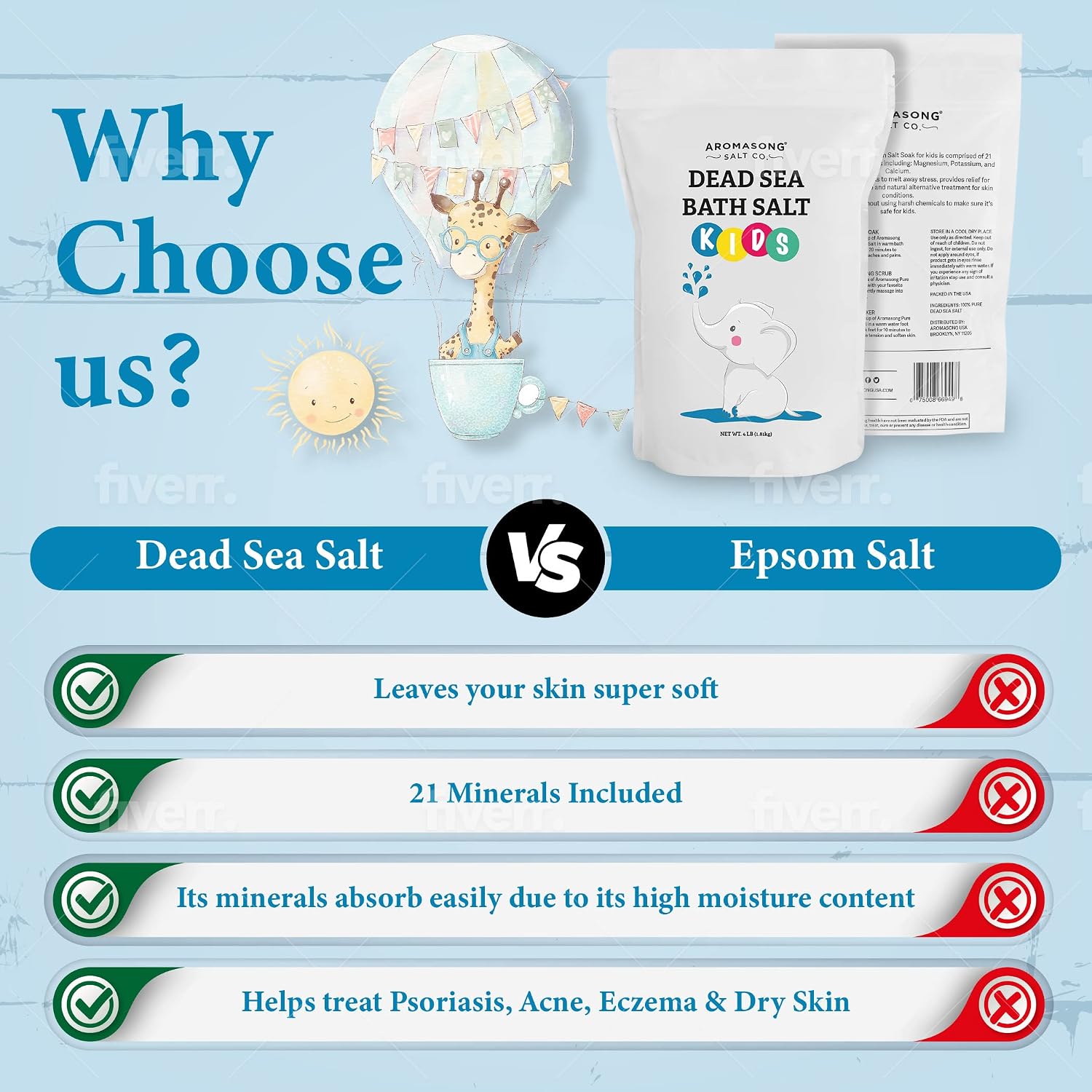 Aromasong Dead Sea Salt Kids Bath Soak with Aloe Vera – Soothing, Calming & Sleep-Ready – 4 Lbs Fine Grain Bulk Resealable Pack – 100% Pure & Natural Mineral-Rich Bath Salt