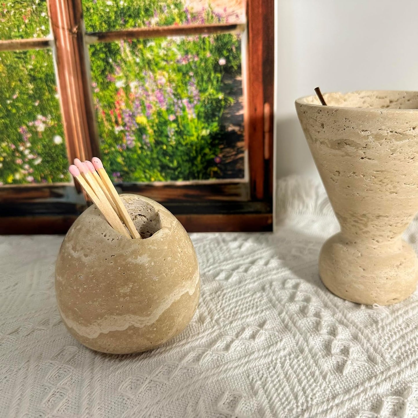 100% Travertine Match Holder |Toothpick Holder | Cute Beige Match Cloche | Matches Jar Box for Candles or Bathroom Decor | 3x3x3 | Matches NOT Included