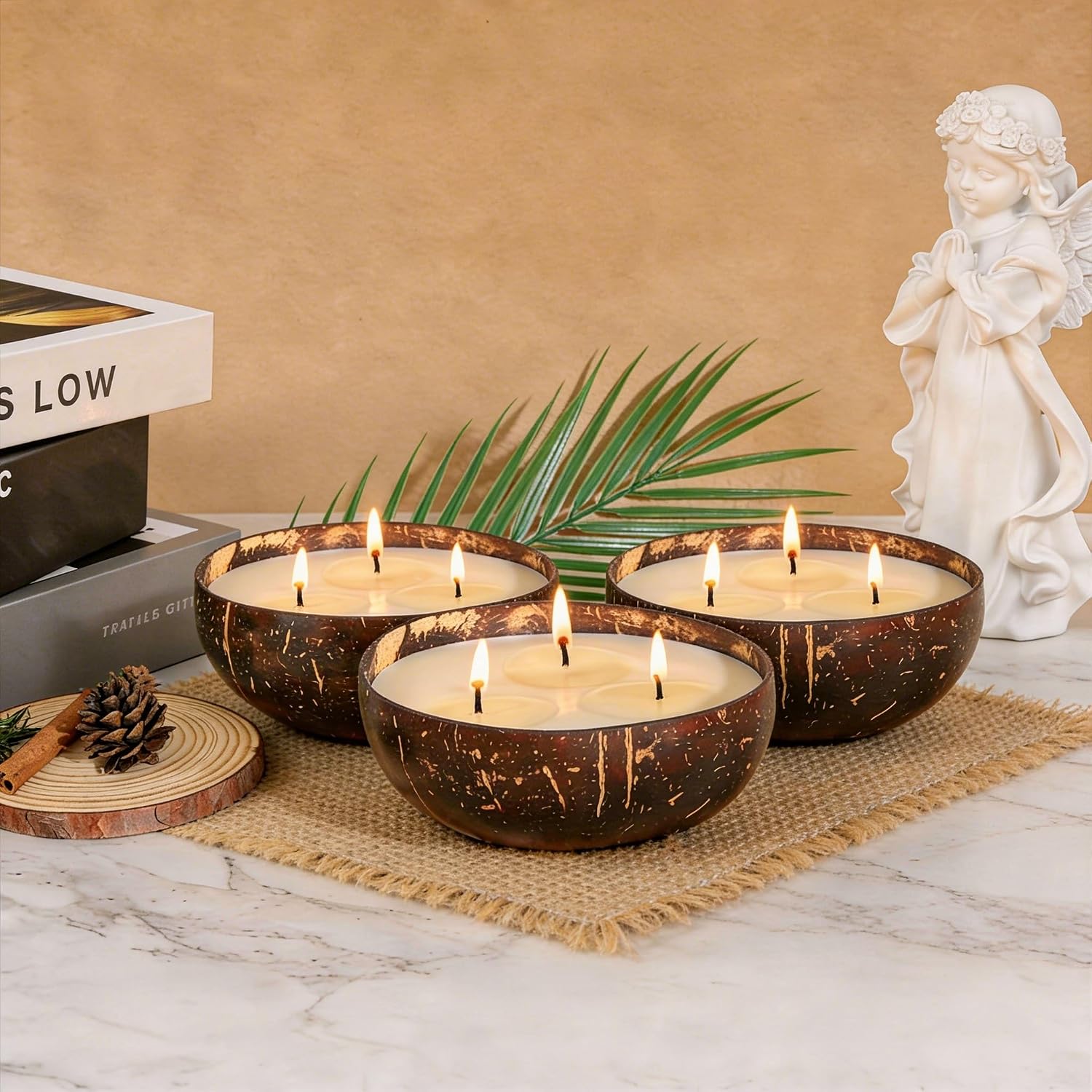 Viyffo Fresh Linen Scented Candle, Large 18oz 3 Wick Non Toxic Soy Candles, Natural Coconut Shell Candles for Home, Clean & Fresh Aromatherapy for Relaxation & Spring Décor, Gift for Women & Men