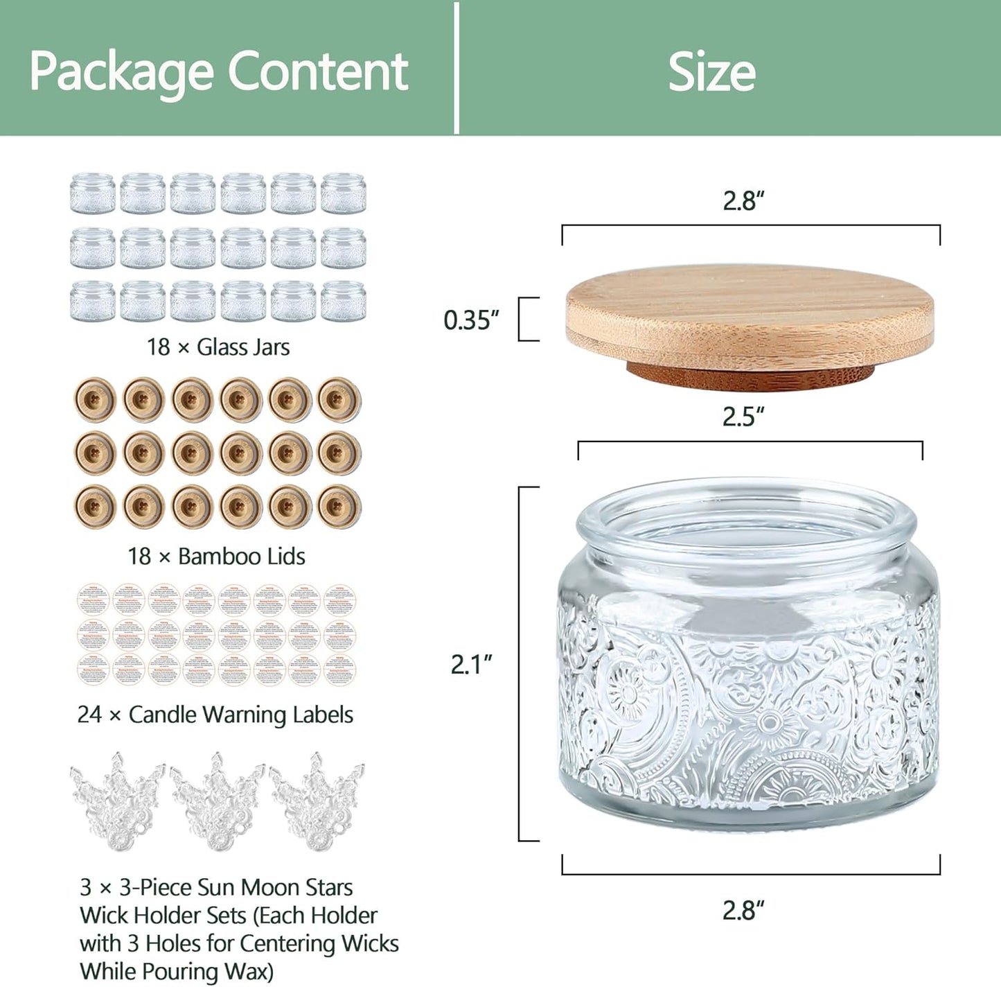 4 oz Gray Sun Moon Stars Candle Jars with Bamboo Lids, 18 Pack | Patented Embossed Design, Includes Wick Centering Devices & Warning Labels, Multiple Color Options