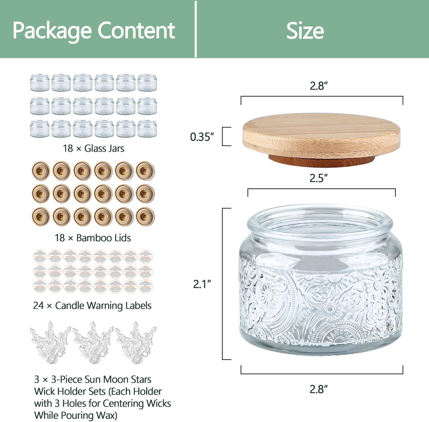 4 oz Gray Sun Moon Stars Candle Jars with Bamboo Lids, 18 Pack | Patented Embossed Design, Includes Wick Centering Devices & Warning Labels, Multiple Color Options