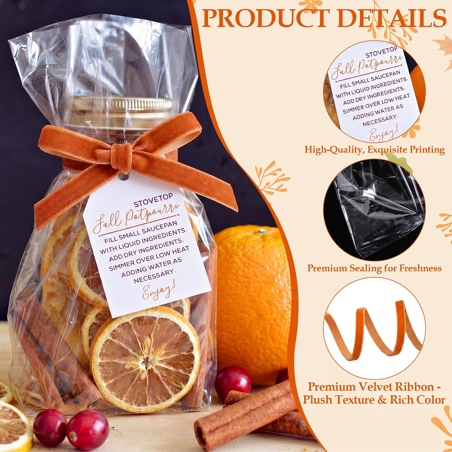 24 Pcs Fall Stovetop Potpourri DIY Kit Empty Sachet Bags 7.9 x 11.8 Inch with Velvet Ribbon Cards Scented Potpourri Bags Autumn Thanksgiving Fall Gift Decoration for Friends Housewarming Hostess