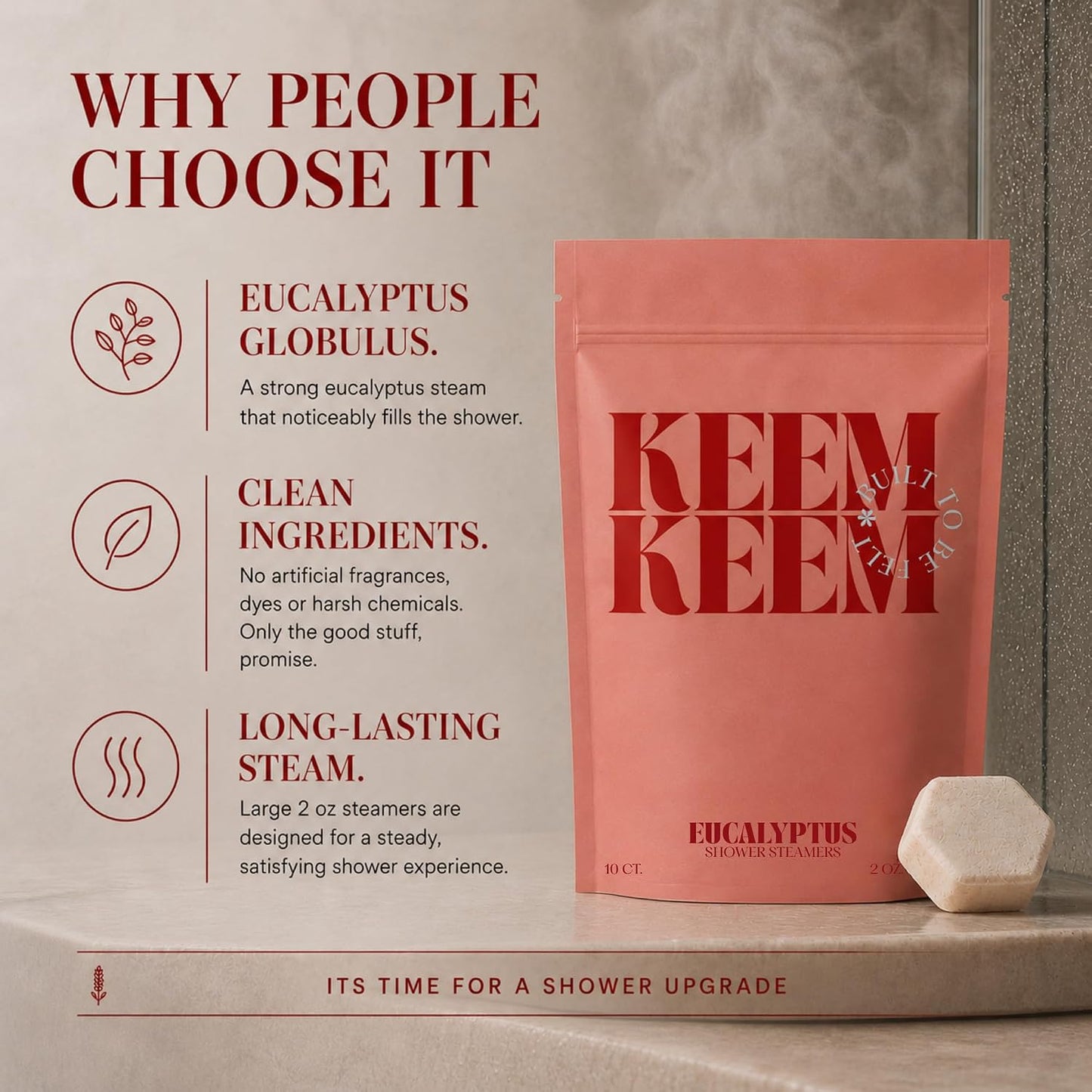 Keem Keem Eucalyptus Shower Steamers, 10 Pack Aromatherapy Shower Tablets with Eucalyptus Essential Oil, 2 oz Shower Melts for Spa Shower, Breathing Comfort, Morning Reset and Self Care