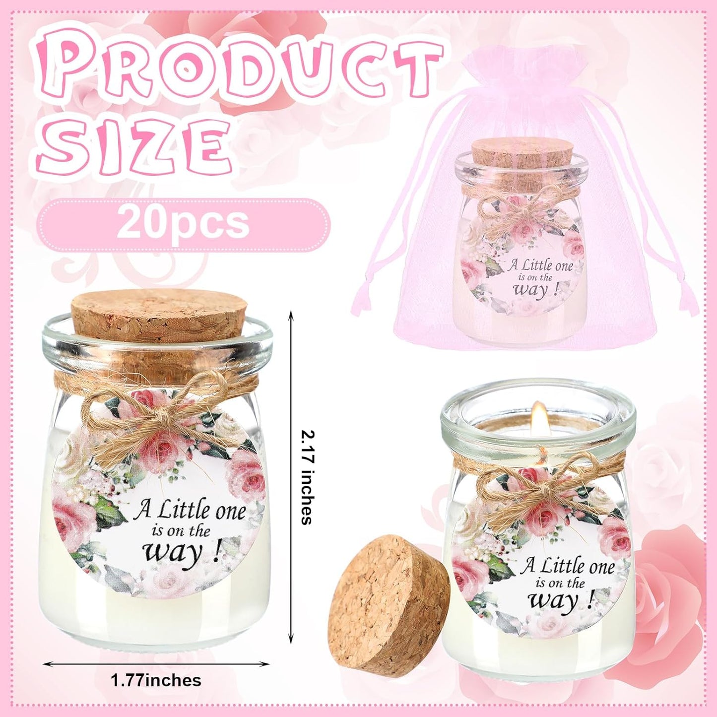 Threlaco 20 Pcs Flower Baby Shower Favors Party Candle Lavender Scented Glass Mason Jar Wax Candle Bulk for Guests Girl Boy Gender Reveal Party Gifts(Colorful)