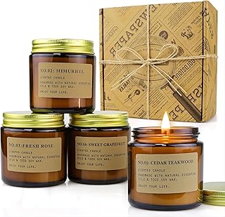 YFYTRE 4 Pack Scented Candle Set Soy Wax Candles, Aromatherapy Candles for Home Decoration, Jar Candles Gift for Women Mother with Amber Glass Jars and Kraft Wrapping