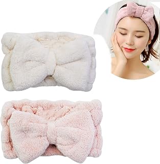 Chloven 2 Pack Microfiber Bowtie Headbands Facial Makeup Headband Cosmetic Bowknot Hairlace Wash Spa Yoga Sports Shower Adjustable Elastic Hair Band for Girls and Women