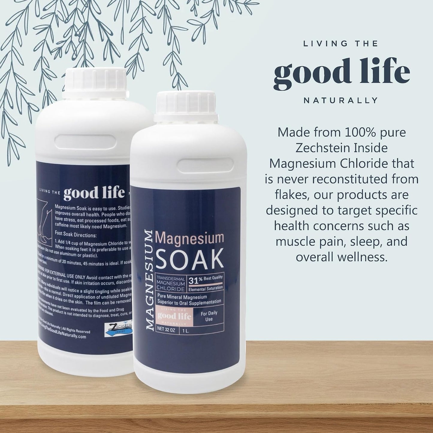 Magnesium Soak - 100% Pure Zechstein Transdermal Magnesium Oil Bath Soak for Relaxation, Skin Health, and Wellness - Magnesium Foot Soak and Bath Soak - 32oz
