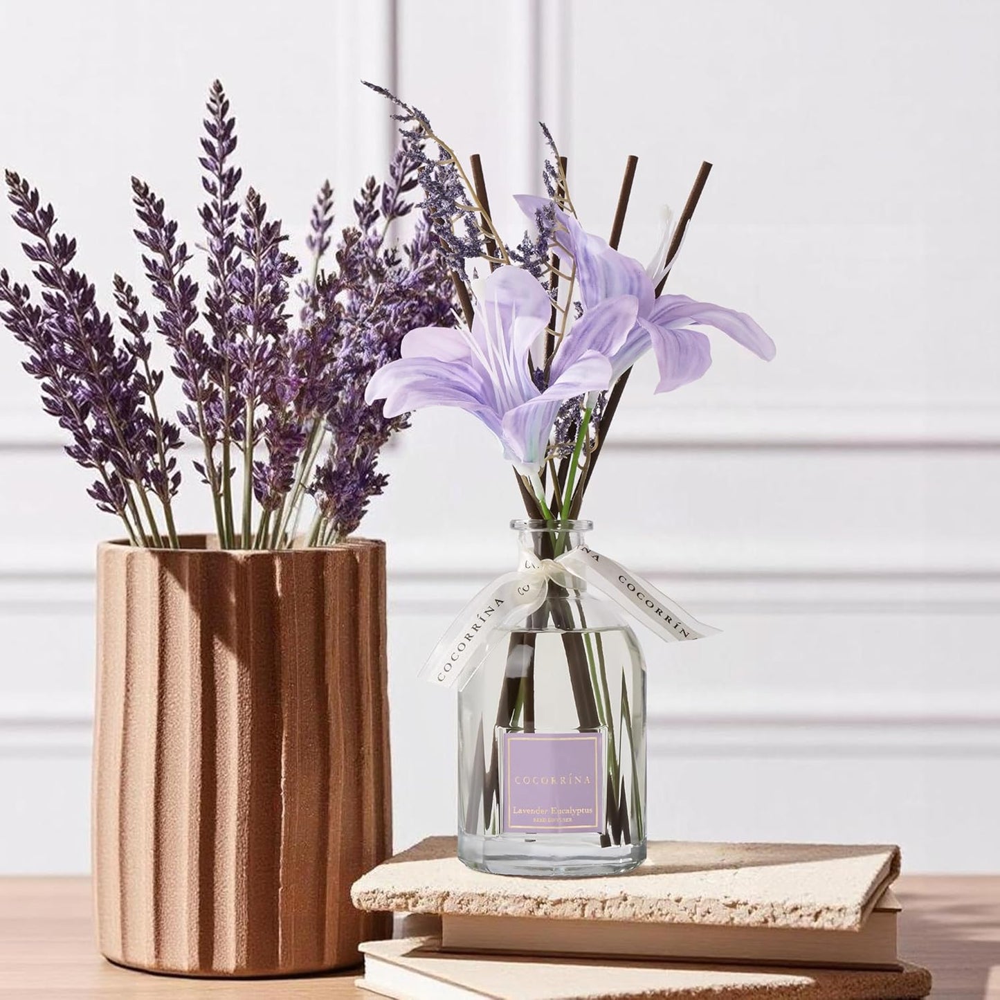 COCORRÍNA Reed Diffuser - Lavender Eucalyptus 8.5 Fl.oz Flower Reed Diffuser with Sticks, Bedroom Bathroom Shelf Decor (Floral Basket Collection)
