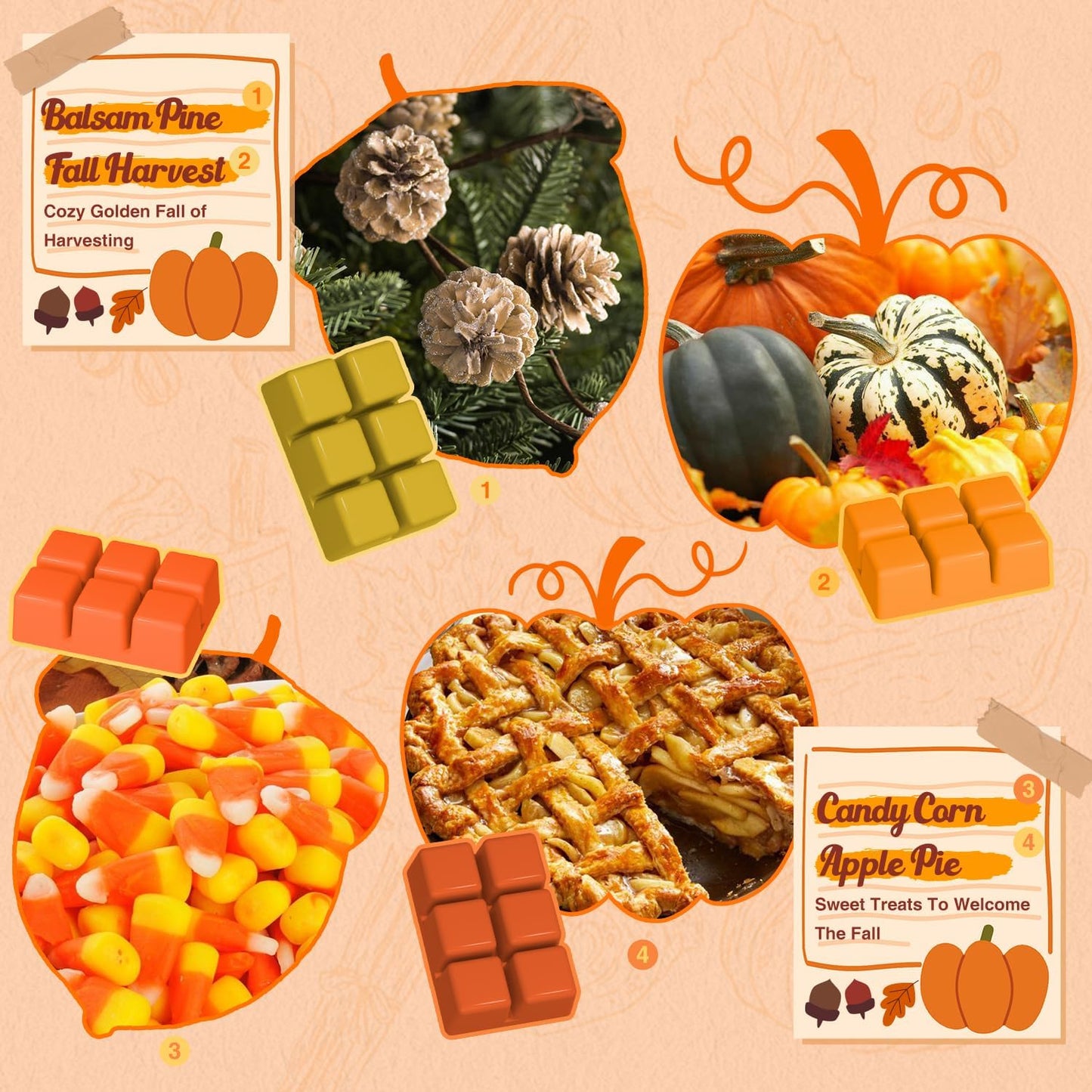 Salubrito Fall Scented Wax Melts, Strong Scented Soy Wax Cubes/Tarts Variety Set- Pumpkin Spice, Cinnamon, Spiced Cider, Snickerdoodle, Balsam Pine, Candy Corn, Fall Harvest, Apple Pie, 8x2.5oz