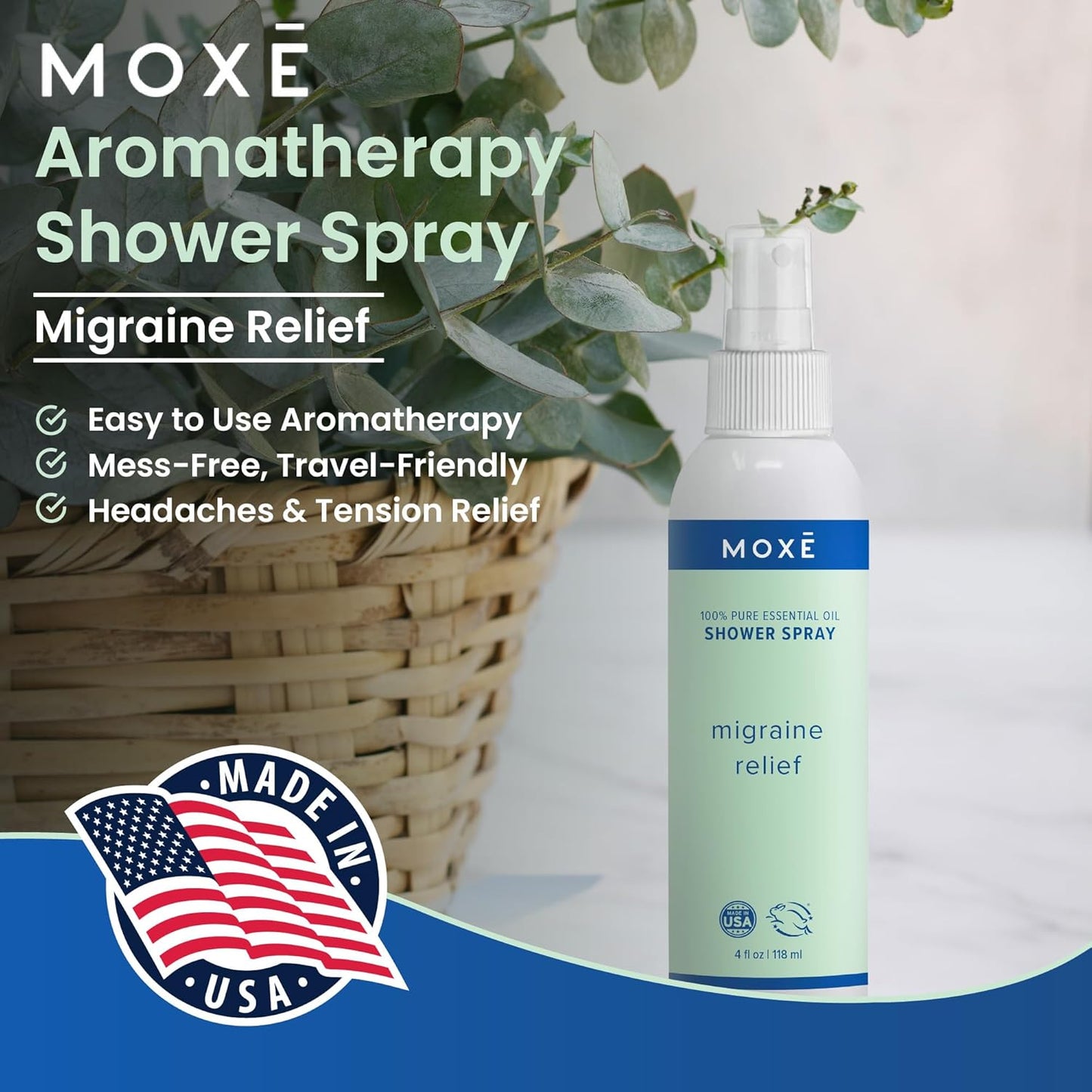 MOXE Migraine Relief Aromatherapy Shower Spray, Essential Oils for Headaches & Tension Relief, Natural 100% Essential Oils, Pure & Undiluted, Peppermint, Spearmint, Eucalyptus, Tea Tree, Made in USA