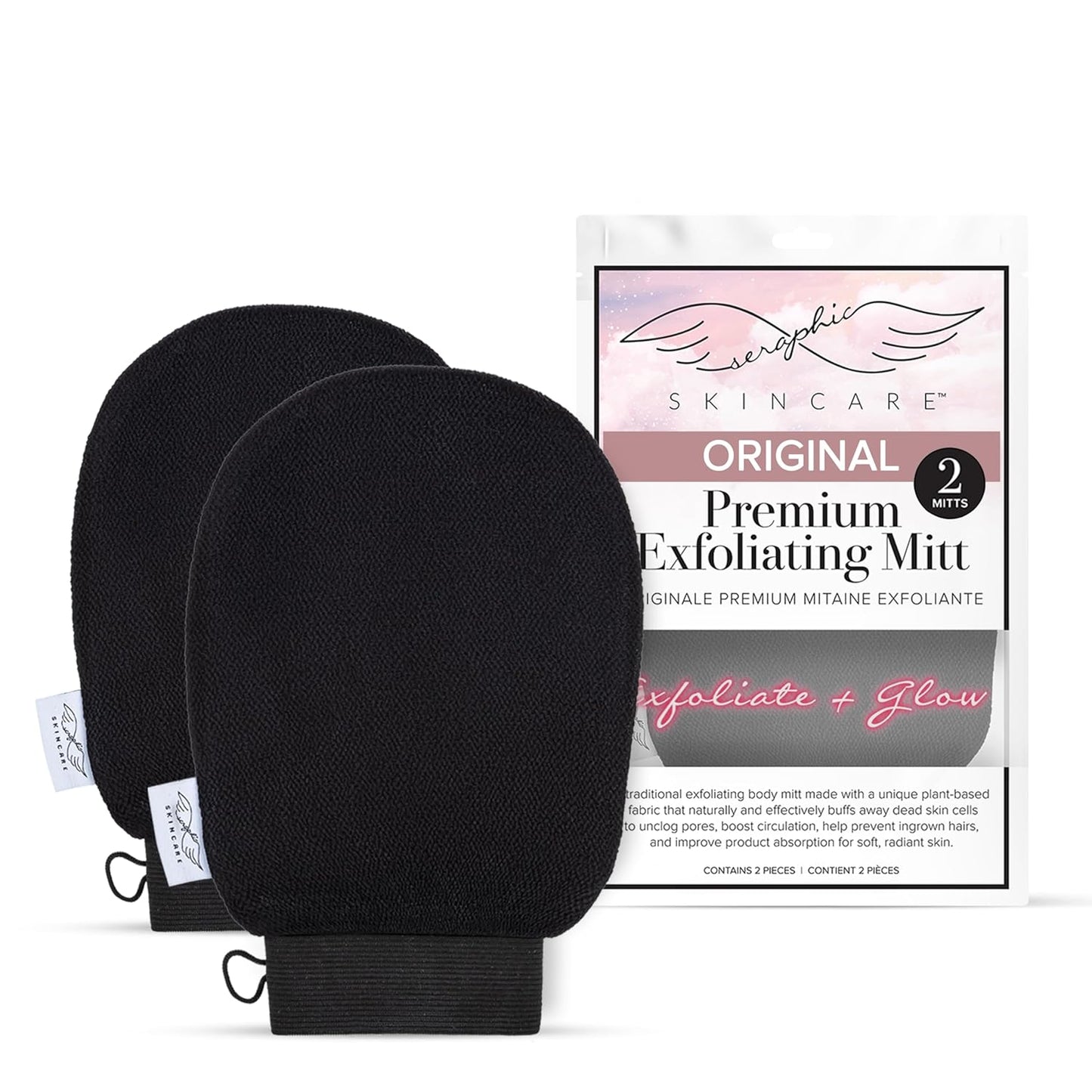 Seraphic Skincare Original Premium Exfoliating Mitt for Body (2pc) – 100% Vegan Viscose Traditional Body Scrub Glove Kessa Korean Washcloth – Body Exfoliator for Self-Tan Removal & Keratosis Pilaris