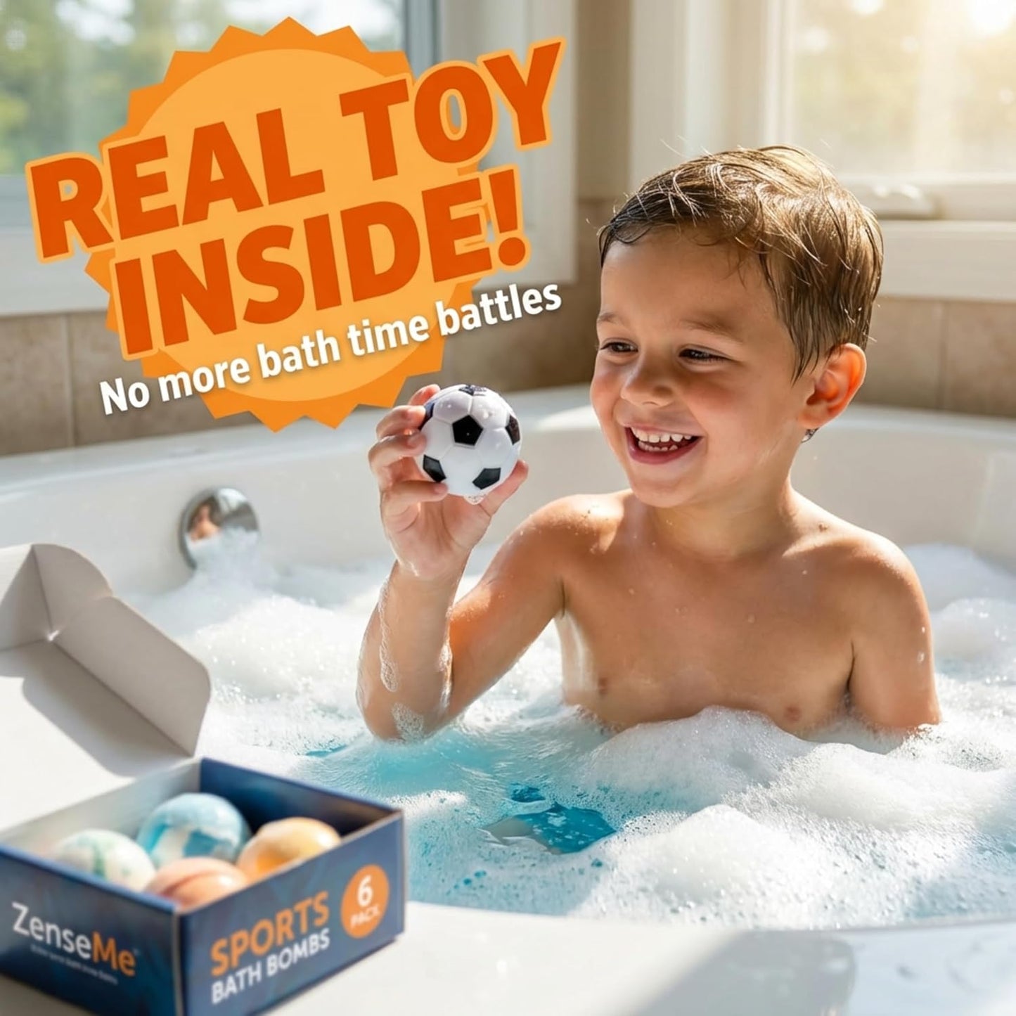 Bath Bombs For Boys W/Educational Flash Cards - Bathbombs with Toys Inside - 2.5 oz Gift Set of 6 Scented Organic Handmade with Natural Essential Oils - Sports Surprise Inside - Bath Toys - by Zenseme