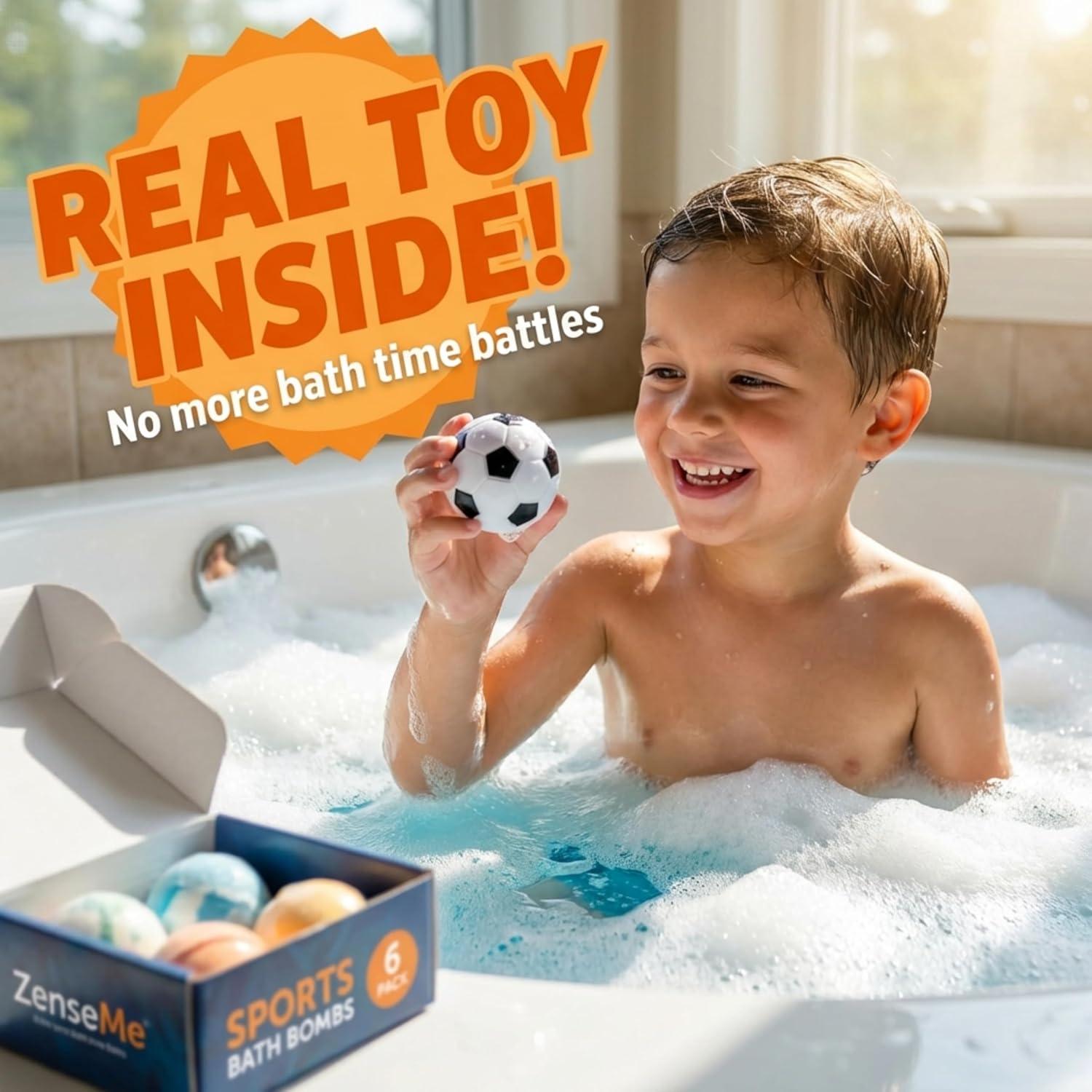 Bath Bombs For Boys W/Educational Flash Cards - Bathbombs with Toys Inside - 2.5 oz Gift Set of 6 Scented Organic Handmade with Natural Essential Oils - Sports Surprise Inside - Bath Toys - by Zenseme