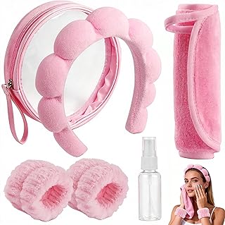 Real Perfection Spa Headband for Washing Face, Skincare Headband Wristband Set for Facial Mask Skin Care, Makeup Remover Towel Cloth Small Spray Bottle with Travel Makeup Bag Gifts for Women - Pink