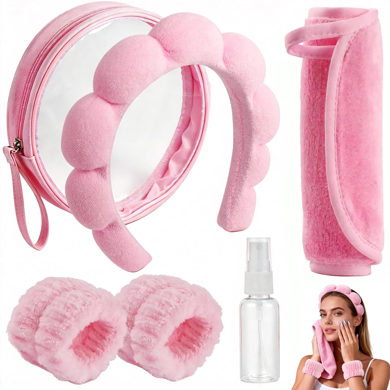 Real Perfection Spa Headband for Washing Face, Skincare Headband Wristband Set for Facial Mask Skin Care, Makeup Remover Towel Cloth Small Spray Bottle with Travel Makeup Bag Gifts for Women - Pink
