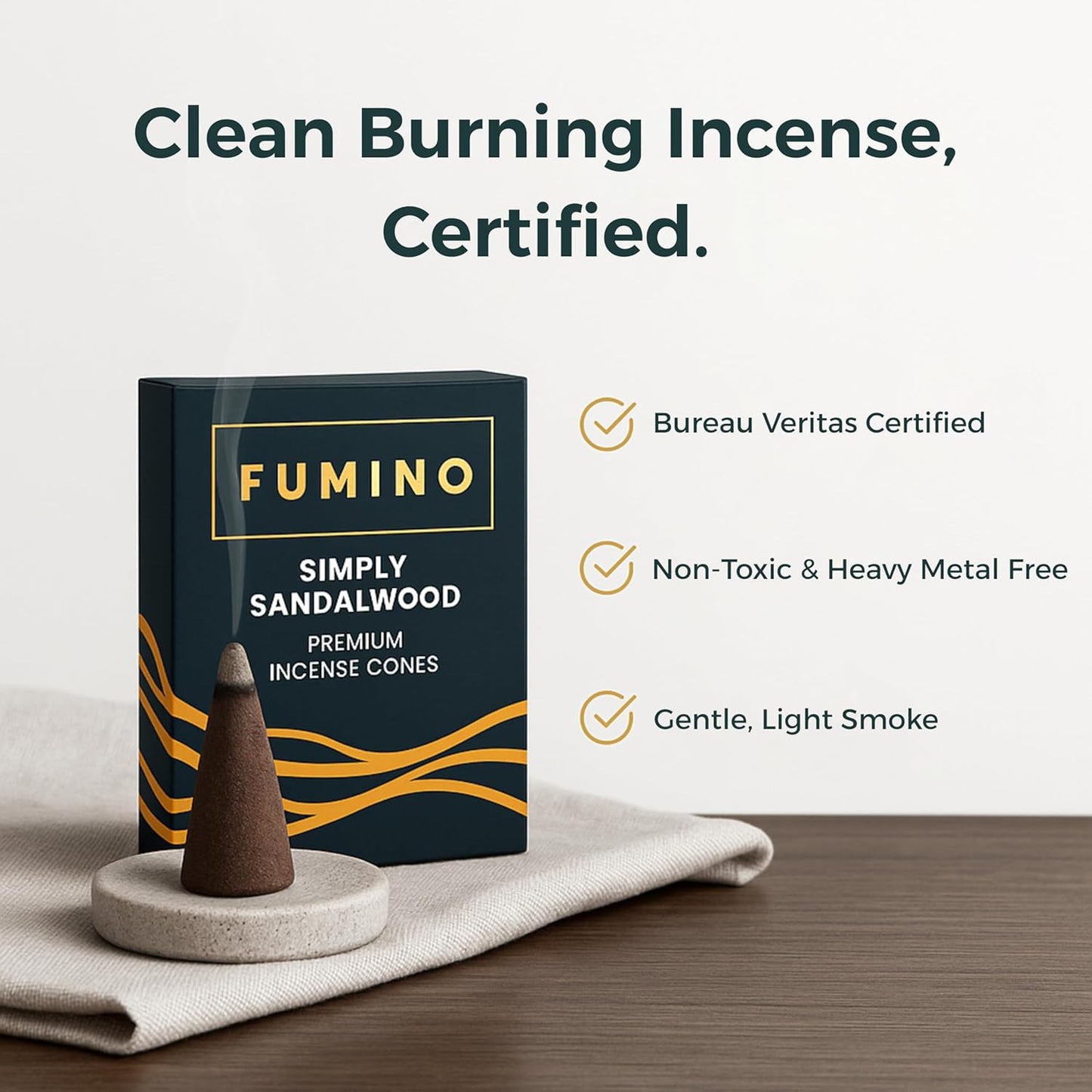 Fumino Simply Sandalwood Incense Cones 15 Pack - Handmade Natural Masala Incense Cones for Meditation & Home Fragrance, Low-Smoke Warm Woody Scent, Bureau Veritas Certified