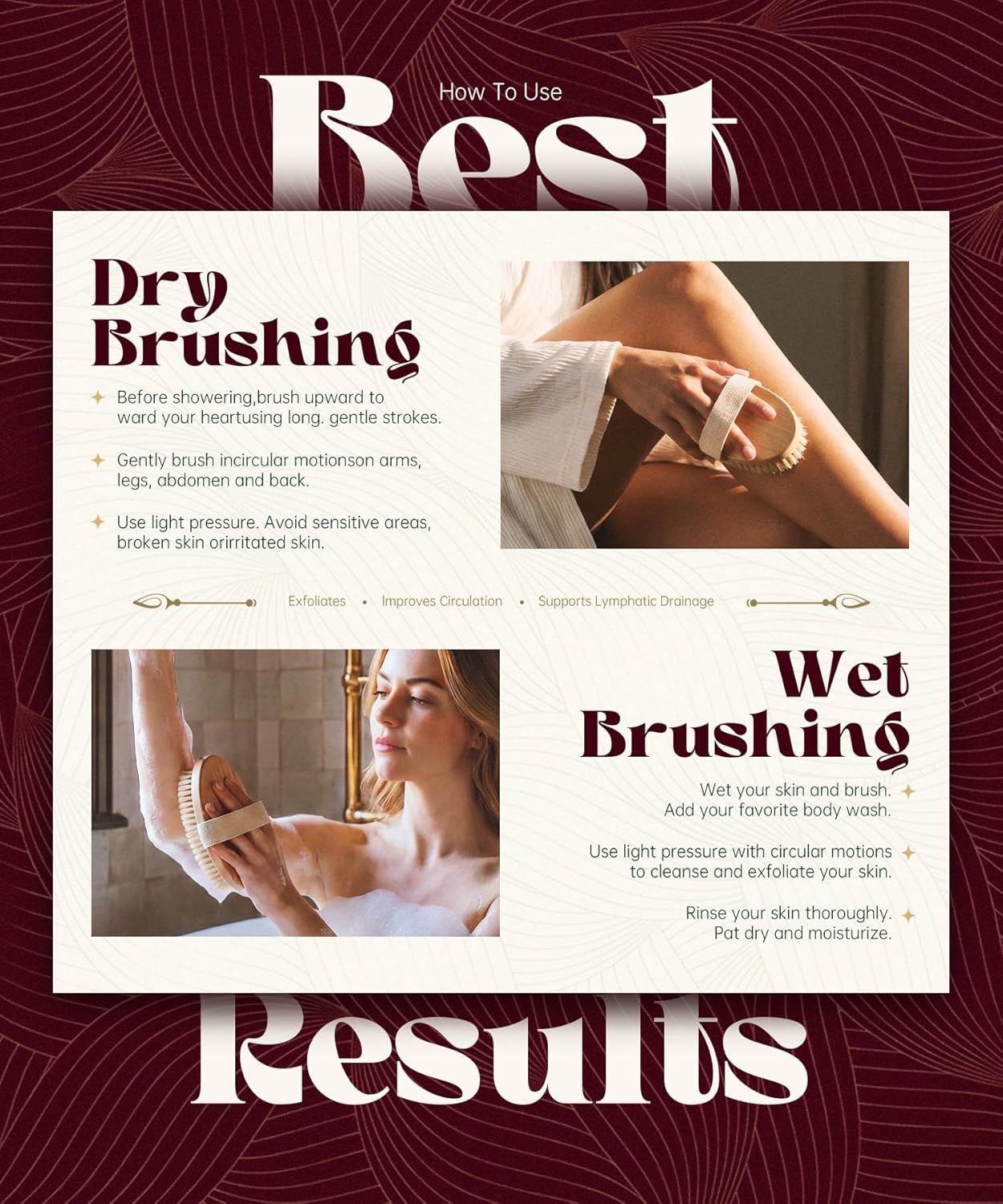 POPCHOSE Dry Brushing Body Brush, Natural Bristle Dry Skin Exfoliating Brush Body Scrub for Flawless Skin, Cellulite Reduction, Lymphatic Drainage and Blood Circulation Improvement