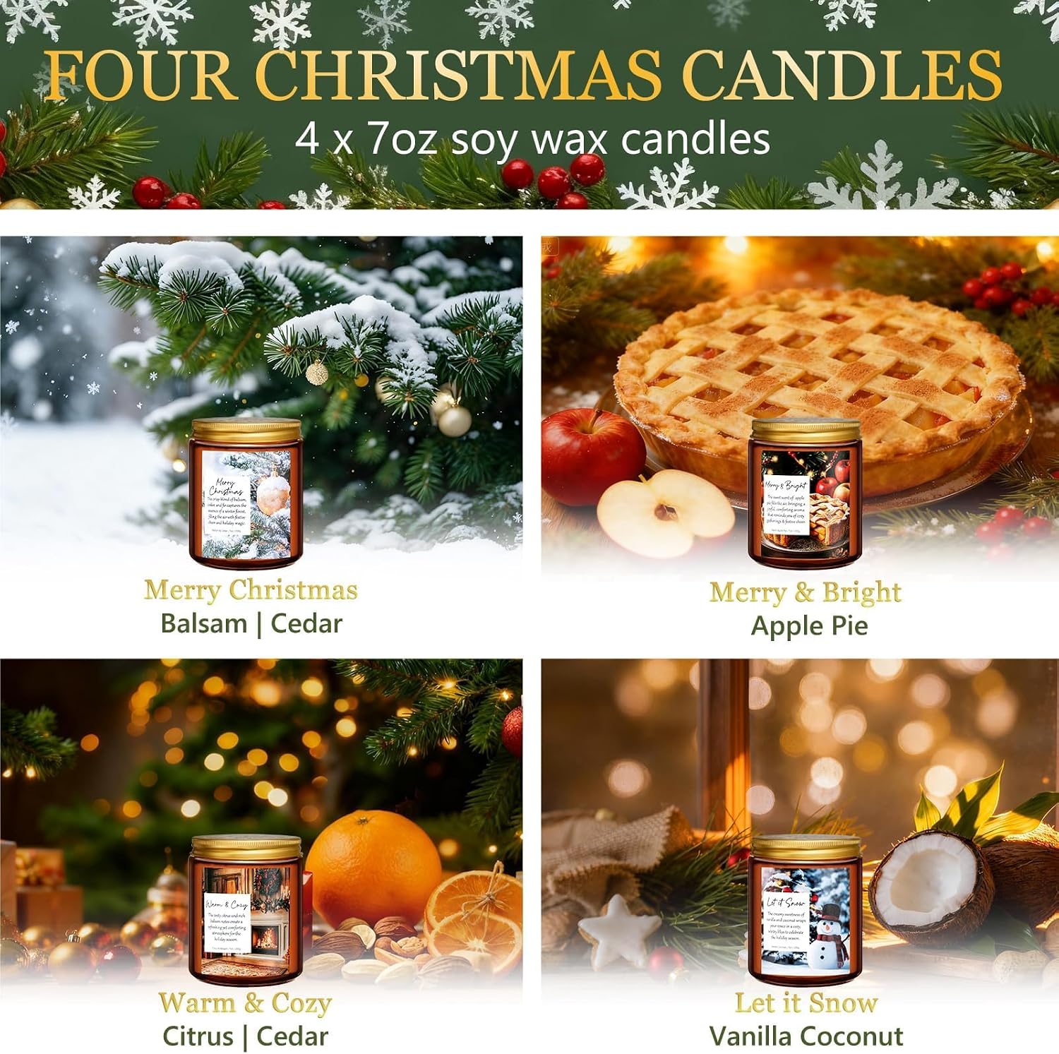 Christmas Candles Set, 4 Pack Xmas Scented Candles for Women, Winter Soy Candle for Home Scented Holiday Candle Gift Set, Christmas Gifts for Women Men- Balsam Cedar/Apple Pie/Citrus/Vanilla Coconut