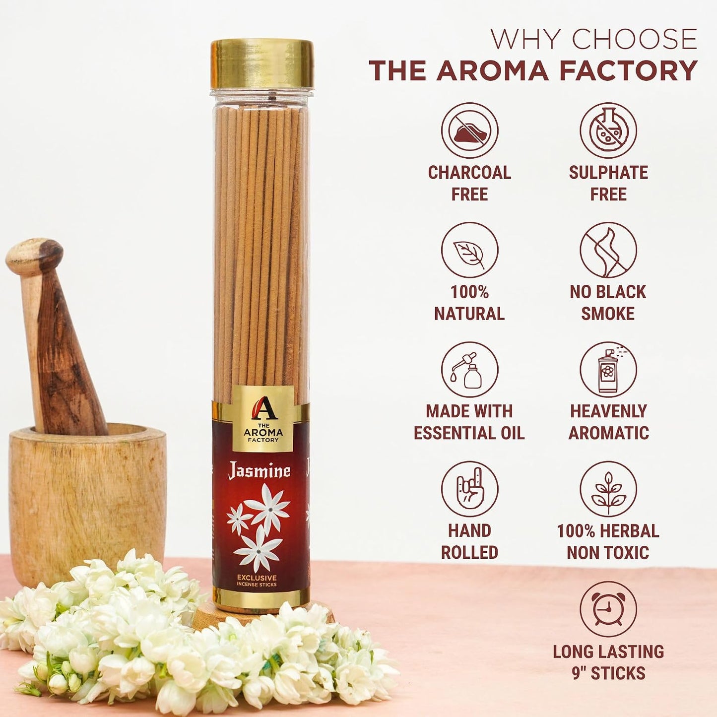 The Aroma Factory Jasmine Charcoal Free Incense Stick, Scented Agarbatti, 100% Herbal Premium Aromatherapy, Meditation Prayer Relaxation, Crafted for Luxury Seekers (100g)
