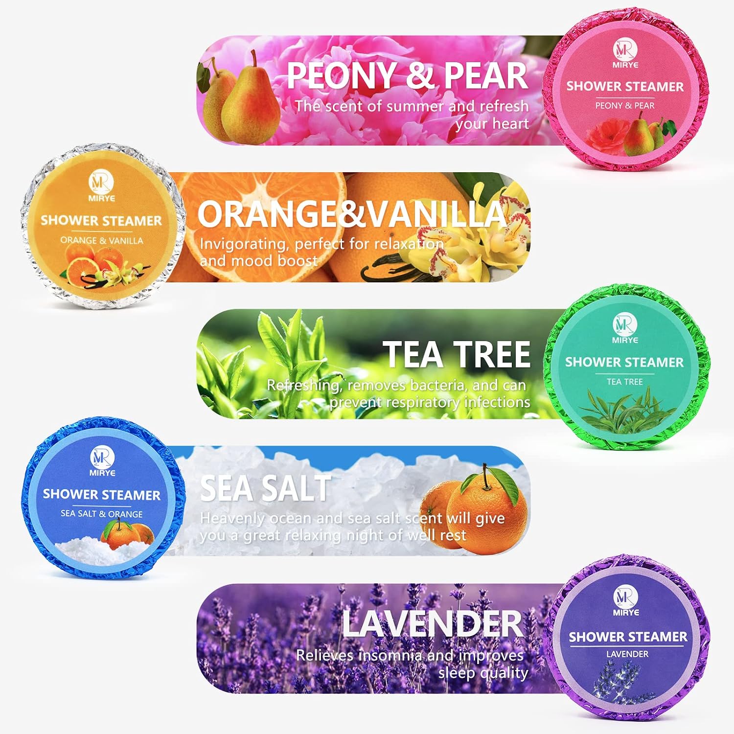 MR MIRYE Shower Steamers Aromatherapy, Valentine's Day Gifts for Women and Men, 20-Pack Organic Shower Bombs with Essential Oil, Tea Tree, Orange & Vanilla, Sea Salt, Lavender, Peony & Pear