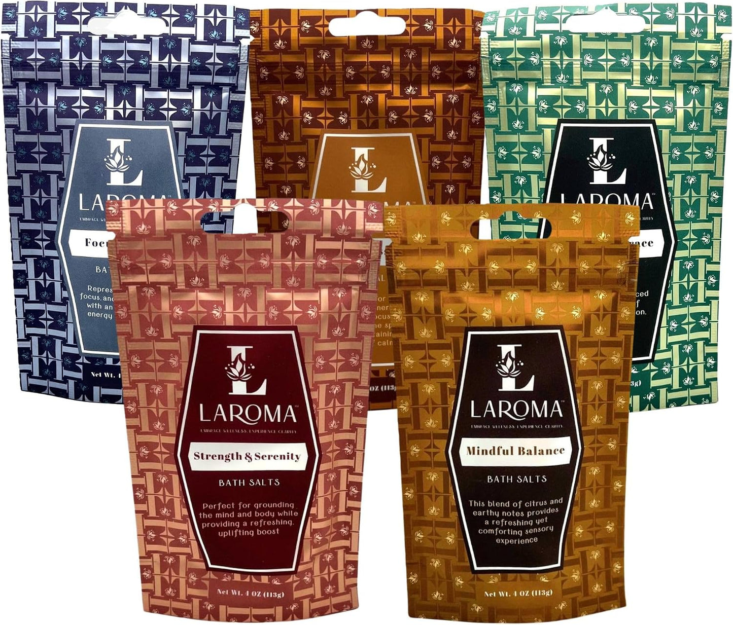 Laroma Bath Salts, Hand-Crafted in The USA, 5 Bags (4 oz Each), Variety Pack, 5 Artisanal Blends