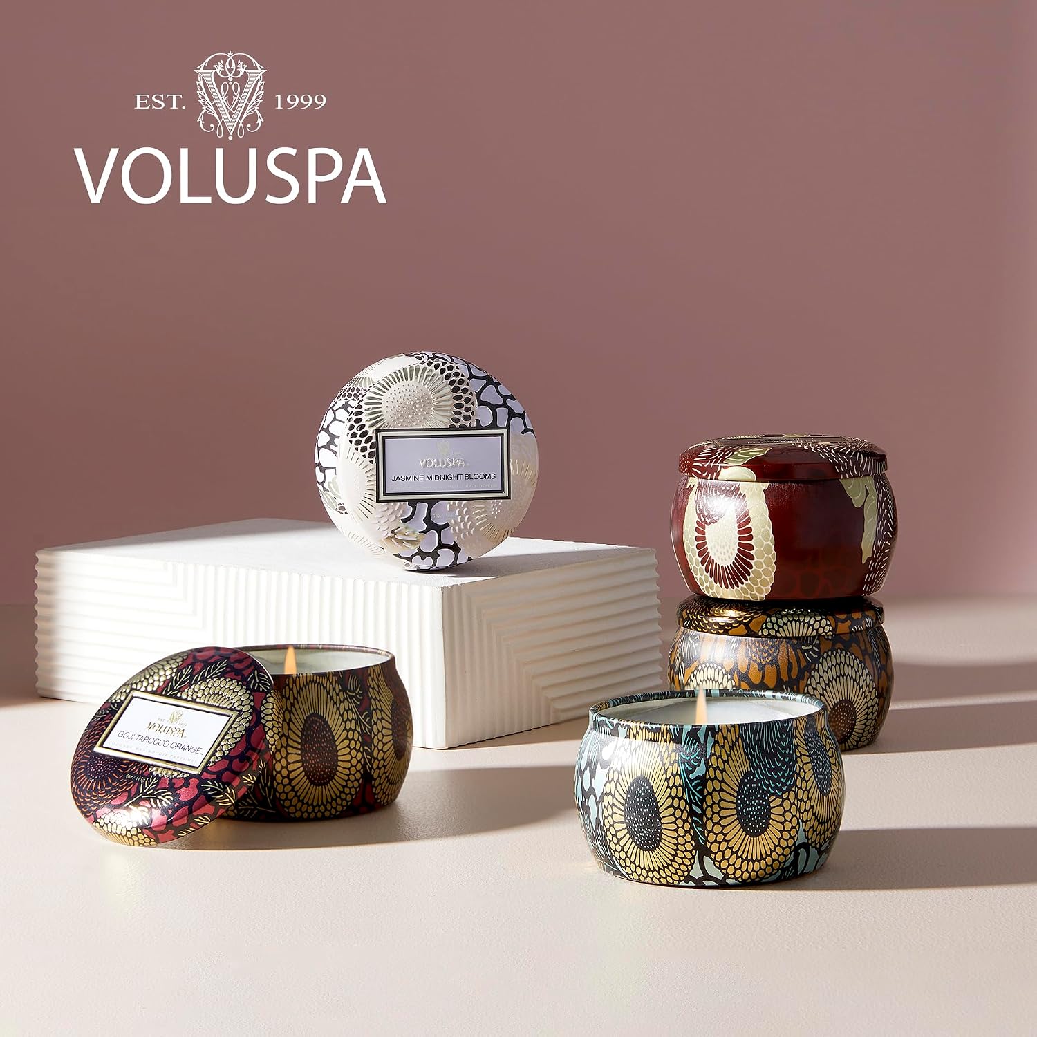 Voluspa Santal Vanille, Mini Tin Candle, 4 Ounce, 25 Hour Burn Time, Coconut Wax for Clean Burning, Handcrafted in the USA
