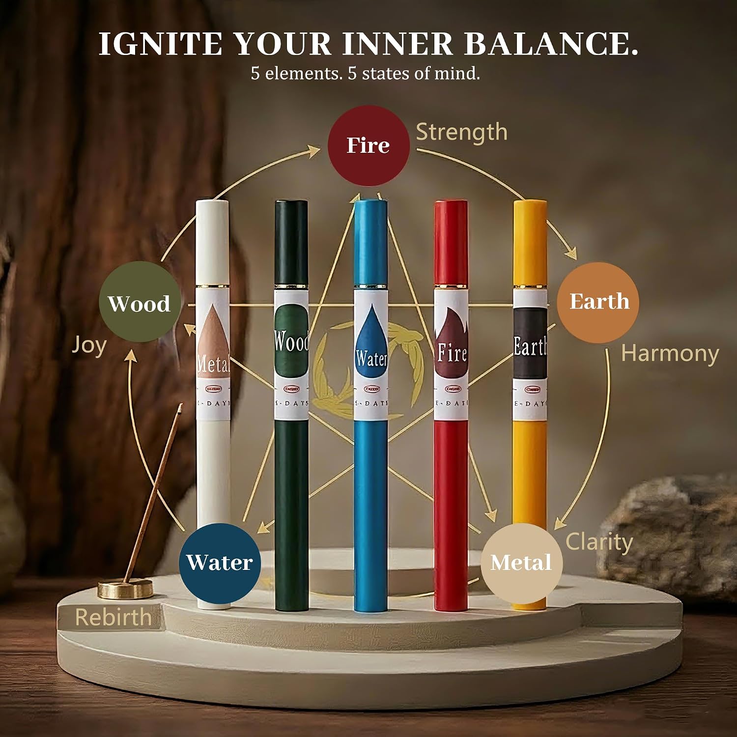 Five Harmony Incense Sticks - 5 in 1 Fengshui Incense Gift Set with Incense Holder,Natural Aromatherapy Wood Fire Earth Metal Water Scents for Meditation Yoga Home Fragrance