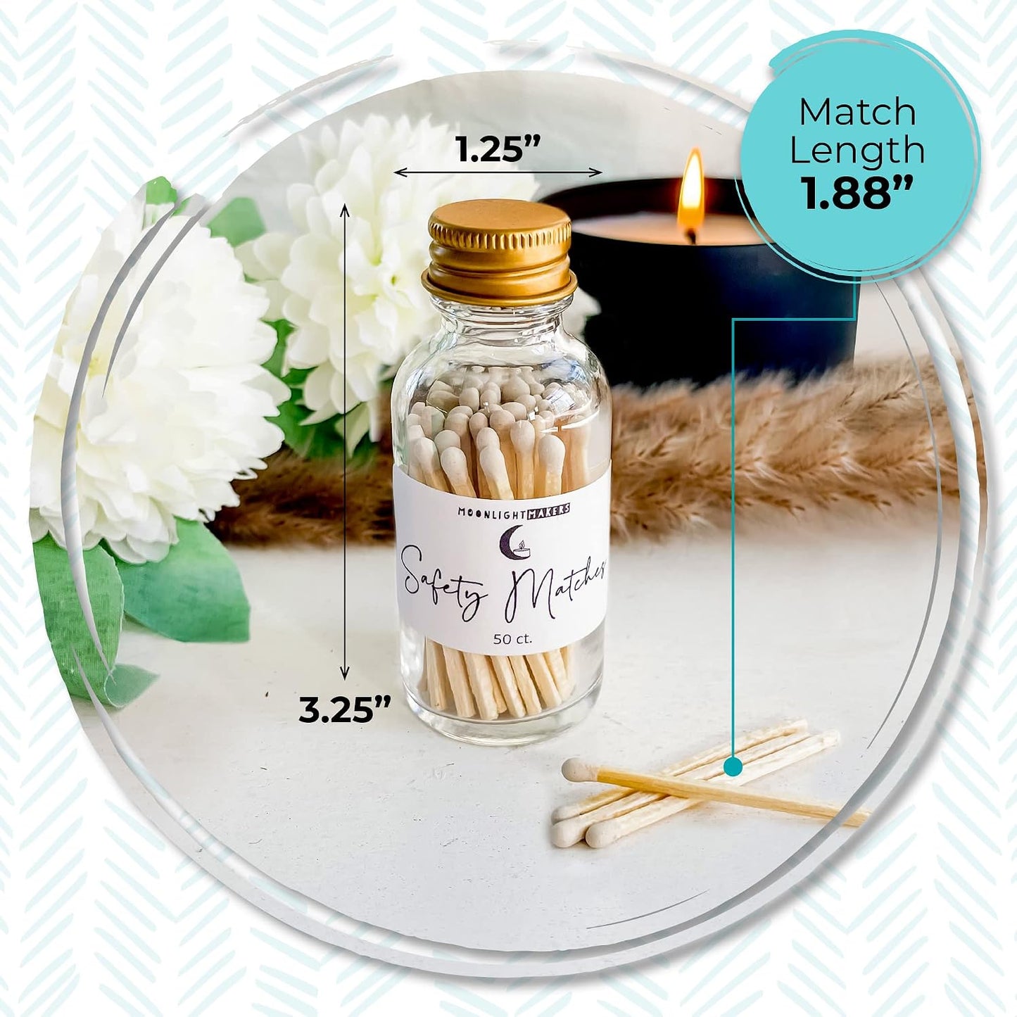 Moonlight Makers Fancy Matches in Jar - 50 Wooden Safety Matches, Decorative Glass Match Jar with Striker, Reusable Matchstick Holder, Gold Lid Match Jars for Bathroom, Candles, & Home Decor - Pink