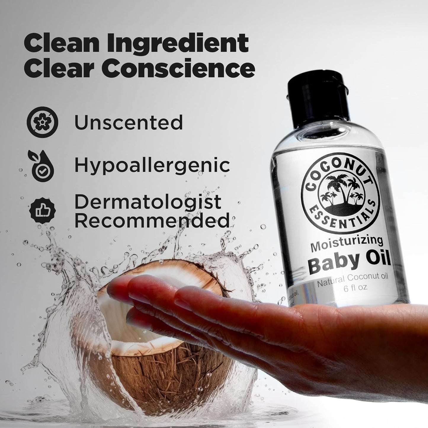 Coconut Essentials BABY OIL - Liquid Coconut oil (MCT) - No Mineral oil - Unscented Moisturizer - Infant & Newborn - Massage, Scalp Sensitive Skin, Eczema & Dry Skin Relief - Fragrance Free (6oz)