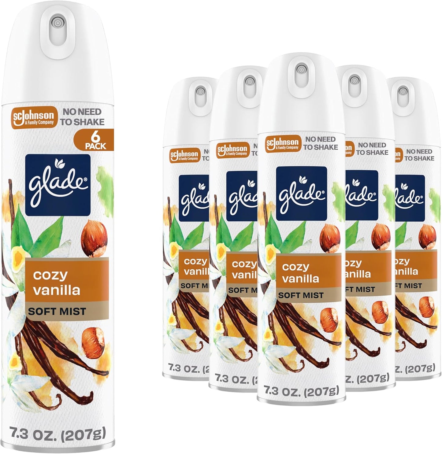 Glade Air Freshener Room Spray, Cozy Vanilla Scent, Odor Fighting to Deliver Long Lasting Freshness, 7.3 Oz, 6 Count