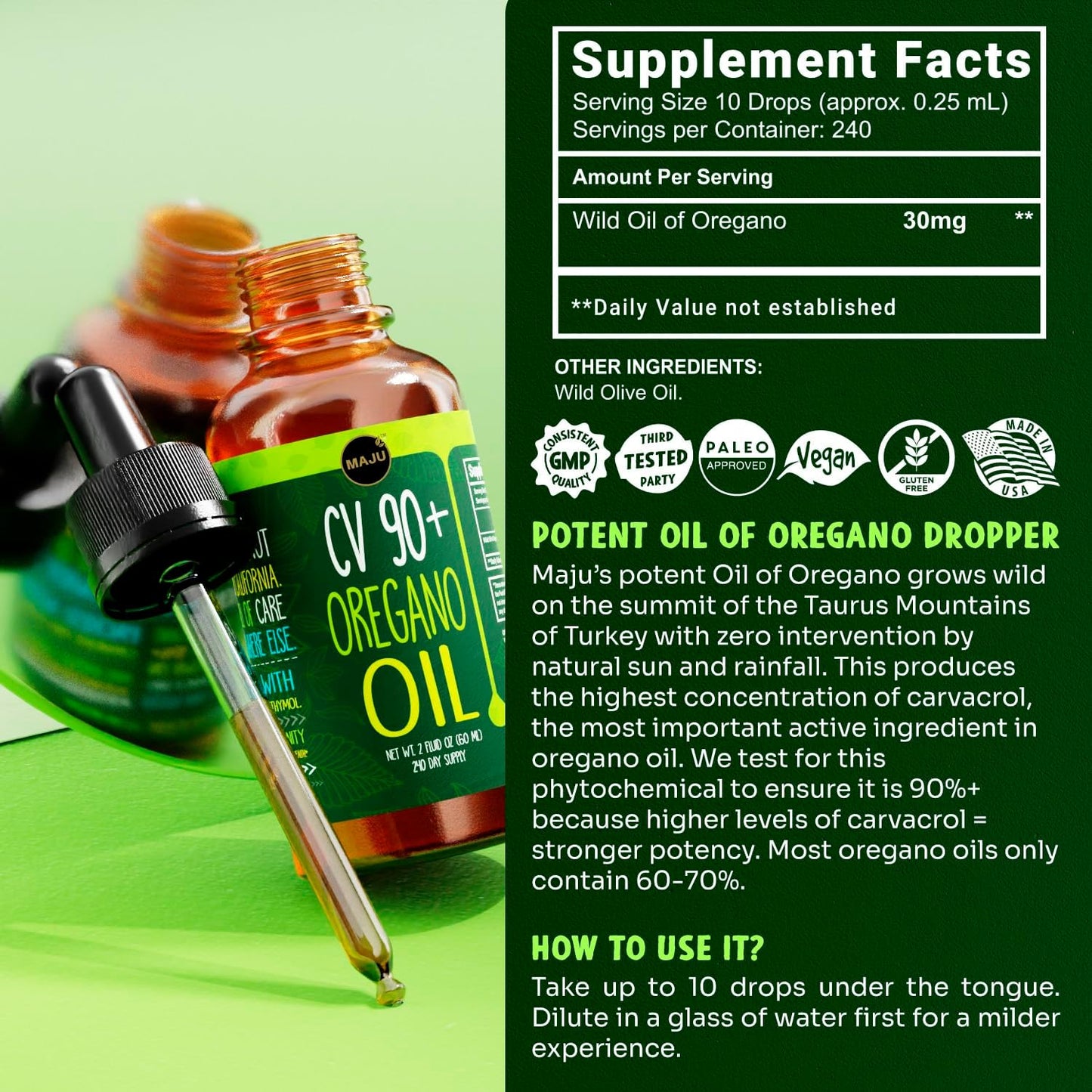 MAJU Oregano Oil Drops - Potent 90%+ Carvacrol (2 fl Oz) Wild Mediterranean Essential Oil of Oregano Liquid, Aceite de Oregano, Immune and Seasonal Support