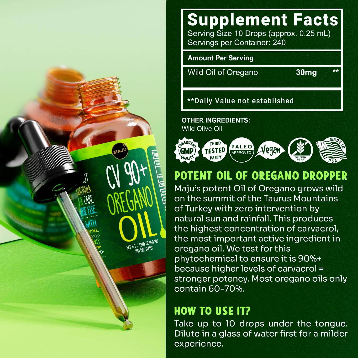 MAJU Oregano Oil Drops - Potent 90%+ Carvacrol (2 fl Oz) Wild Mediterranean Essential Oil of Oregano Liquid, Aceite de Oregano, Immune and Seasonal Support