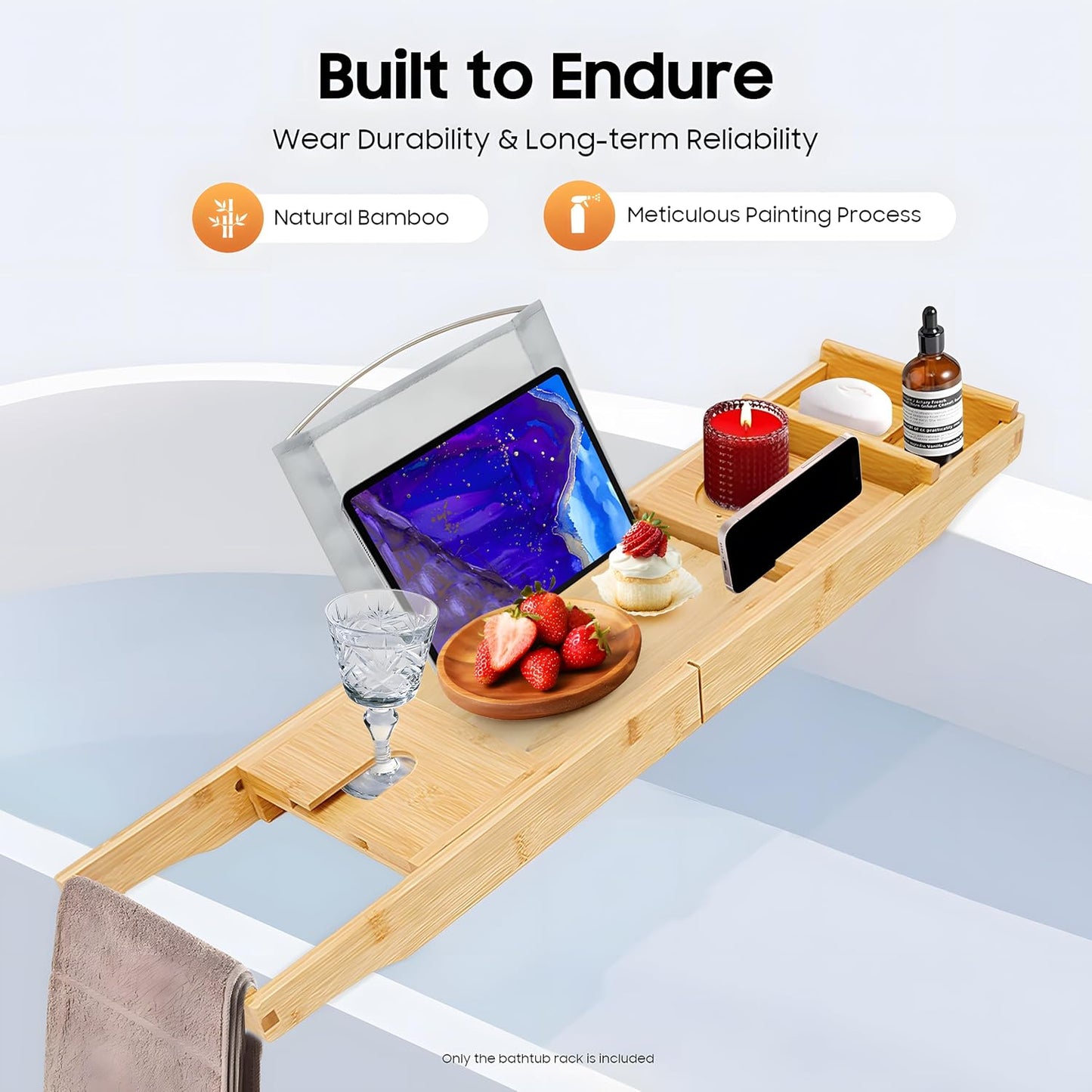 Bamboo Bath Tray, Table Bathroom Tub Shelf Bath Desk Movable Pad Tablet Holder Over Tub Shelf Length Adjustable Natural Wood Bath Tub Organizer Placed Book Smartphone