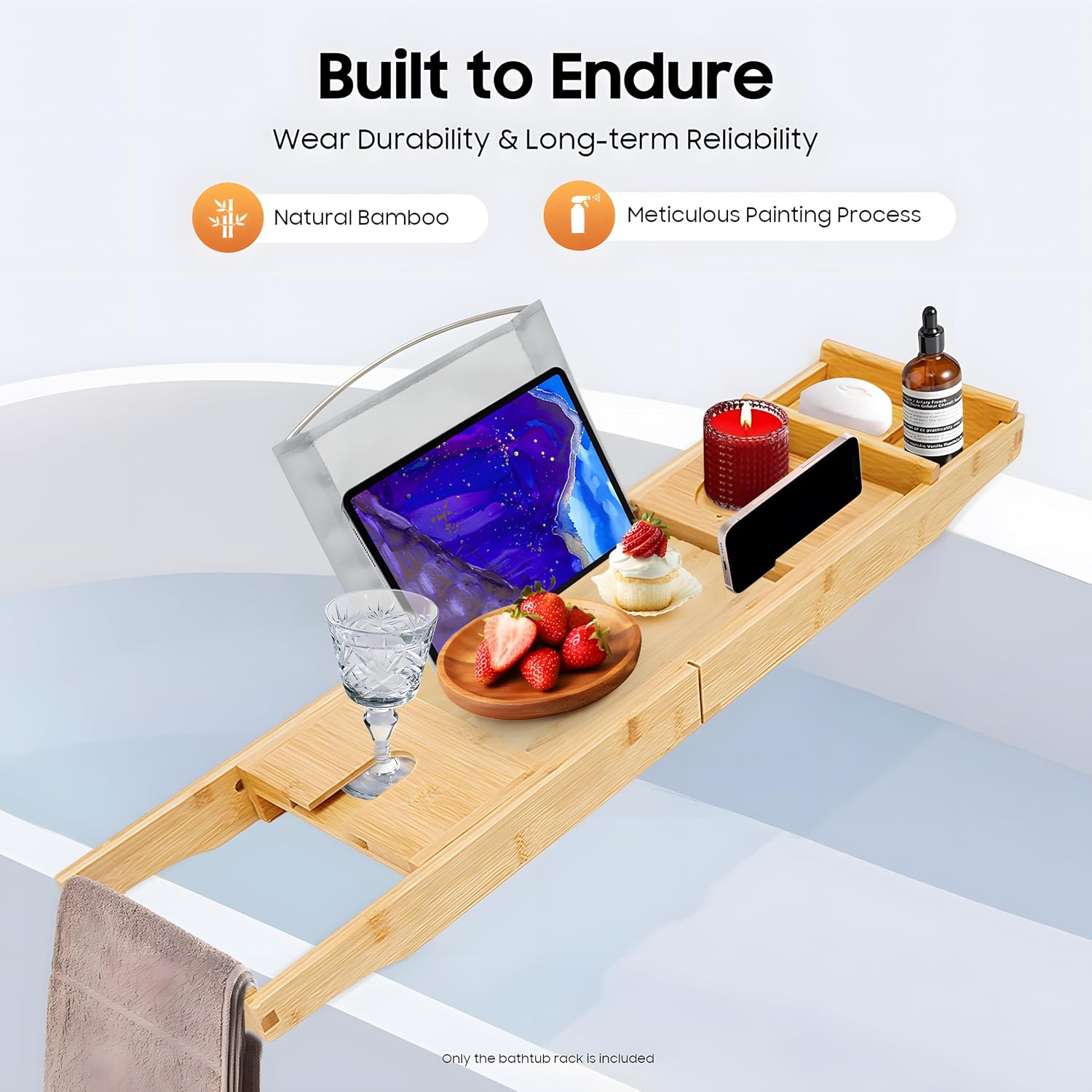 Bamboo Bath Tray, Table Bathroom Tub Shelf Bath Desk Movable Pad Tablet Holder Over Tub Shelf Length Adjustable Natural Wood Bath Tub Organizer Placed Book Smartphone