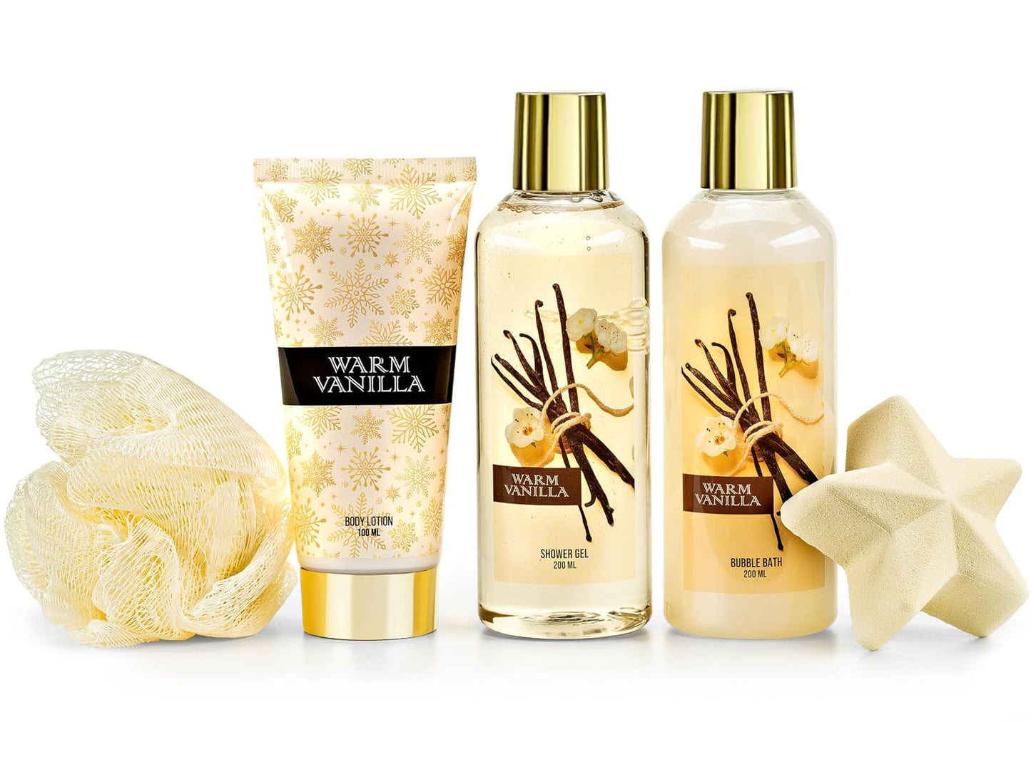 Fragrance Bath & Body Collection Gift Box, Includes Shower Gel, Body Lotion, Body Scrub, Bath Bomb & Sponge (Warm Vanilla 2.0) – Mother's Day Gift for Mom