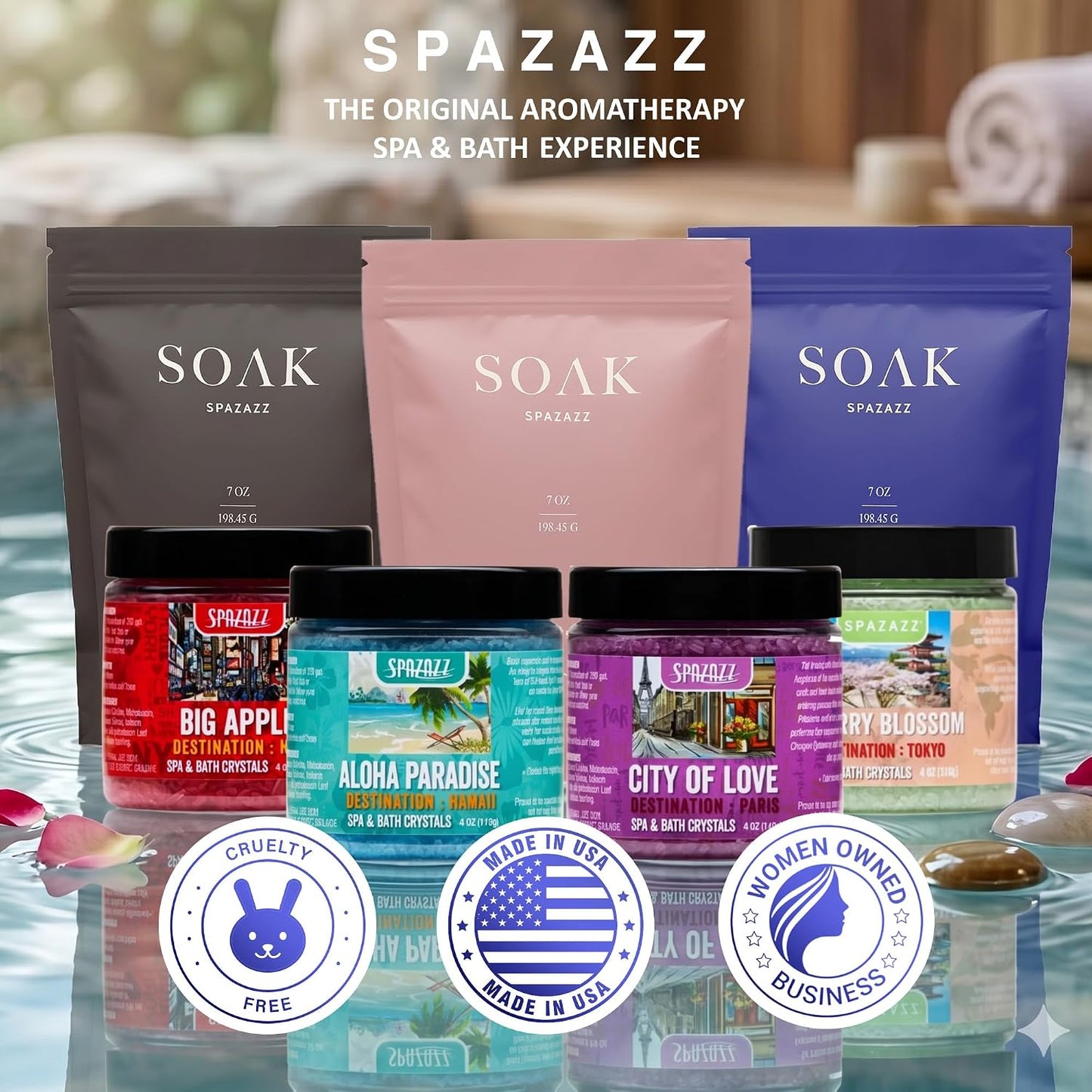 Spazazz Gift Bundle Set – 7oz Aromatherapy Mineral Bath Soak Variety & 4oz Destination Collection Bath Salts, Tumbler, Straws, Bath Salt Scoop & Mini Beach Ball – Relaxation Spa Gift Box Set