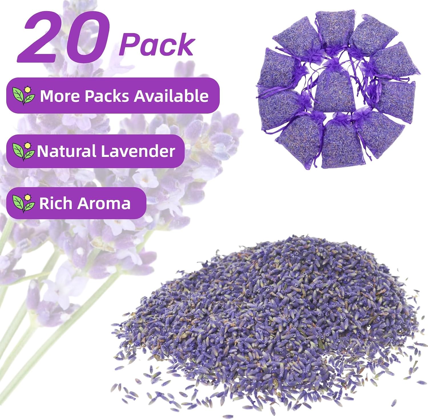 20 Pack Lavender Sachet Bags - 100% Natural Dried Lavender Buds for Closets Drawers Car & Home | French Potpourri Fragrance Sachets Rich Aroma Air Long Lasting Fresh Scents