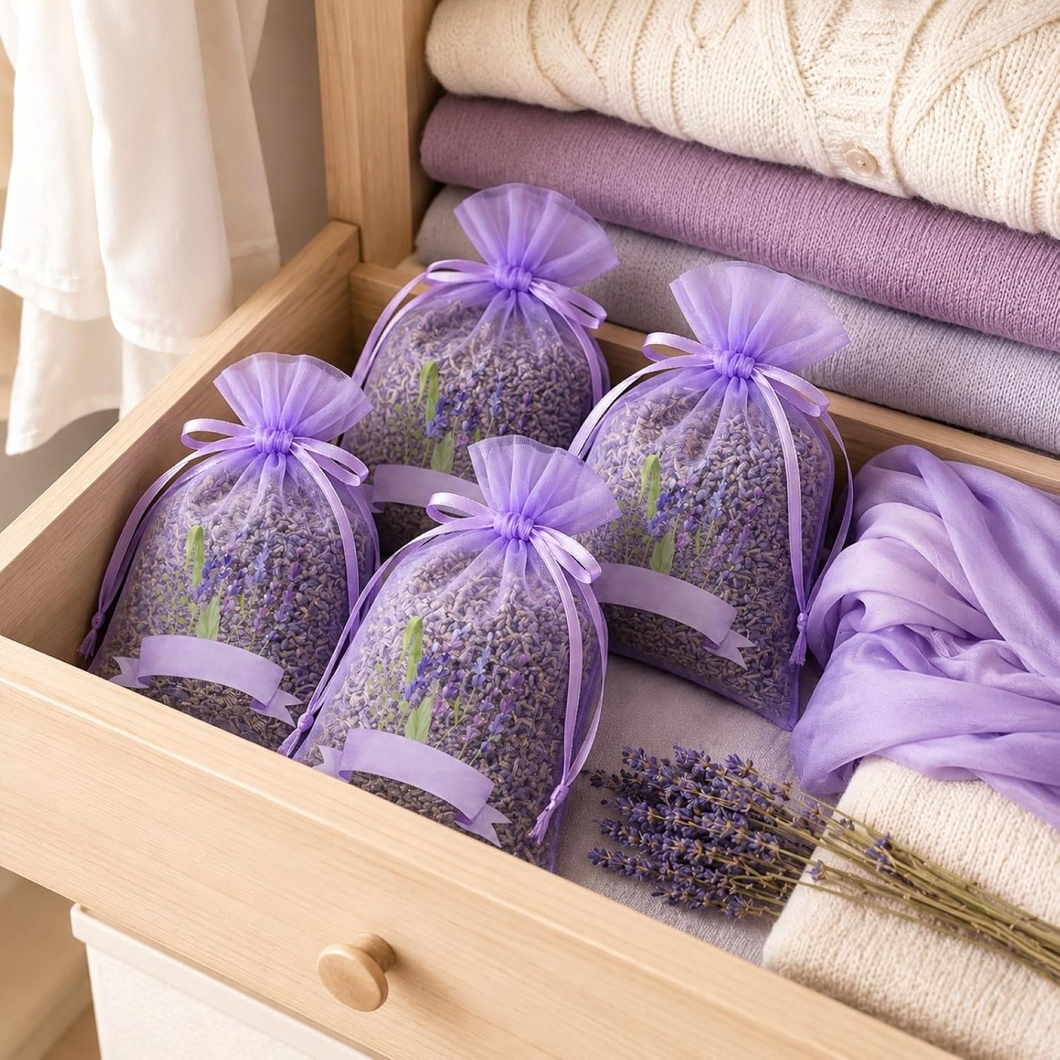 LUOZZY 50 Pcs Drawstring Organza Sachet Bags Small Mesh Lavender Sachets Bags Dried Flower Bags Christmas Wedding Party Favors Pouches (Light Purple)