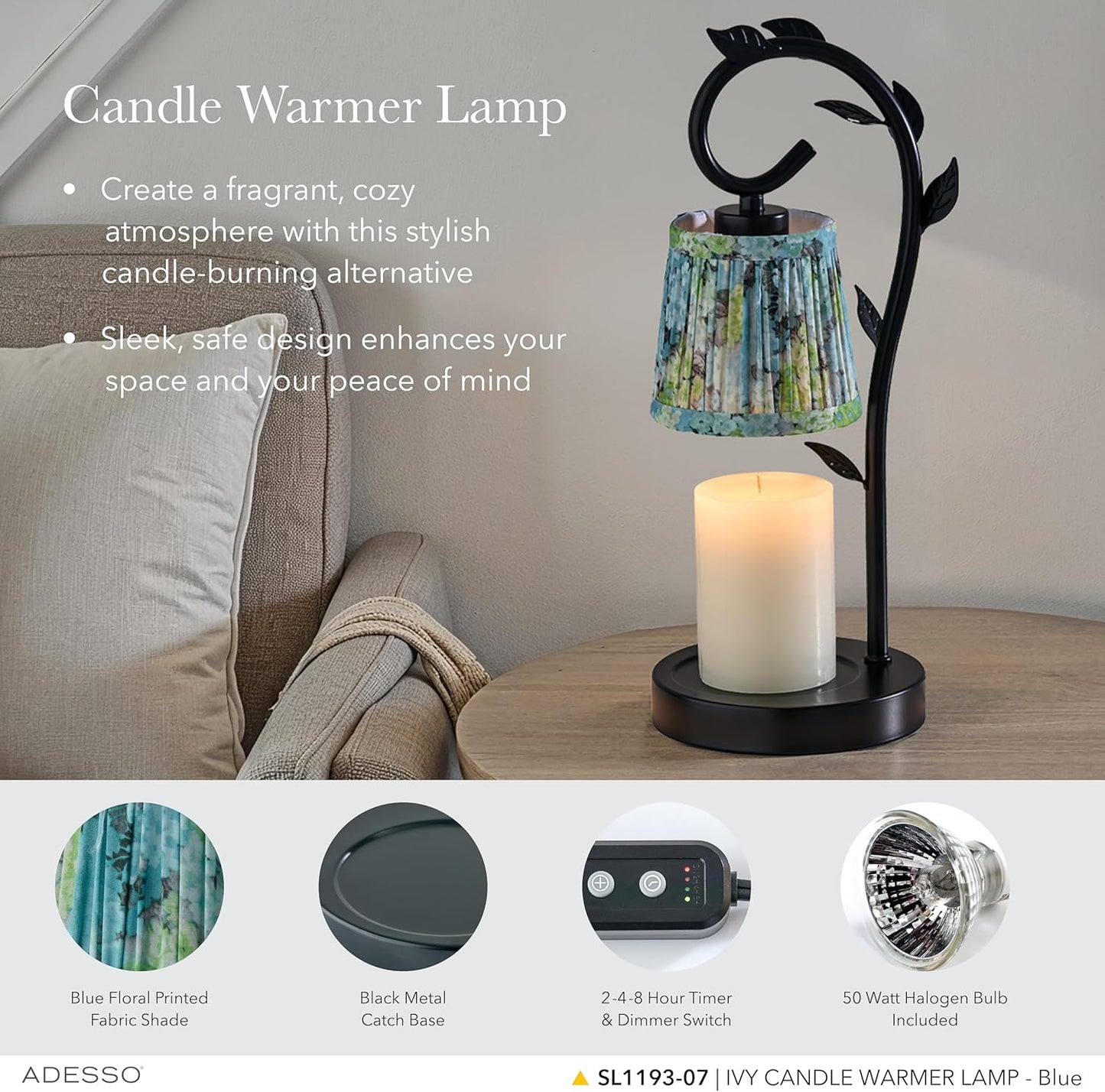 Adesso Candle Warmer Lamp – Flameless Candle Melter with Adjustable Timer & Dimmable Light, Bulb Included, Blue Floral Printed Shade, for Home, Dorm, or Office