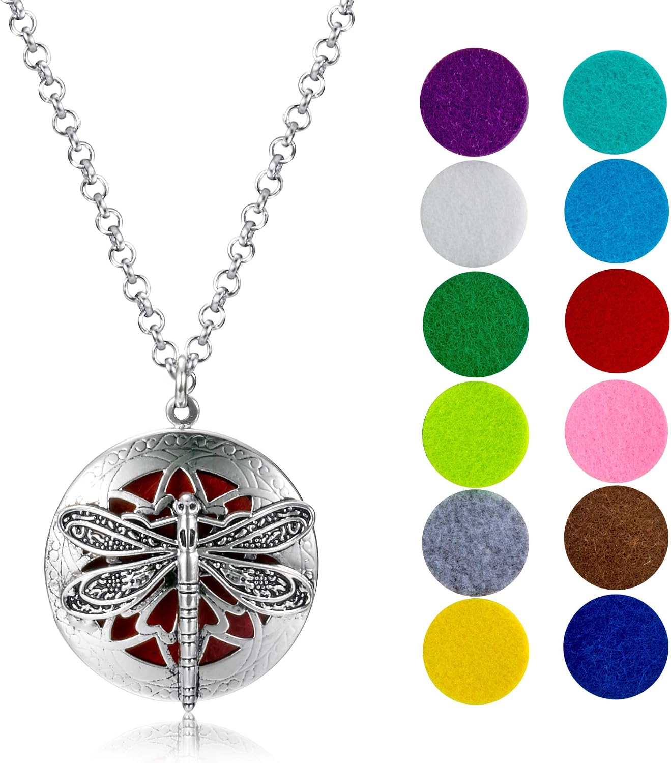 Wild Essentials Dragonfly Essential Oil Diffuser Nickel Free Alloy Locket Pendant with 24 inch Chain, 12 Color Refill Pads, Customizable Color Changing Perfume Jewelry for Aromatherapy