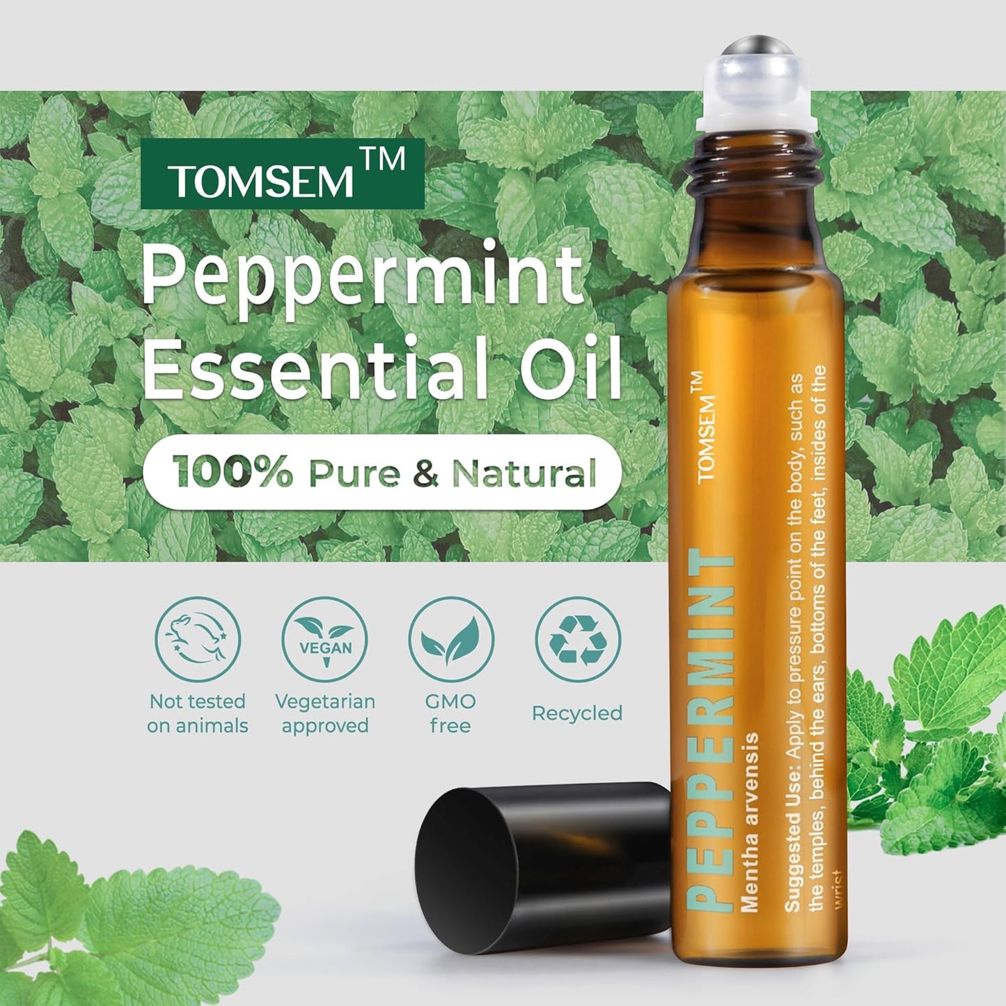 Peppermint Essential Oil, Pre-Diluted Mint Aromatherapy Rollerball, Cooling & Refreshing Scent for Travel, Focus, Relaxation, Easy-Apply Essential Oil Roller