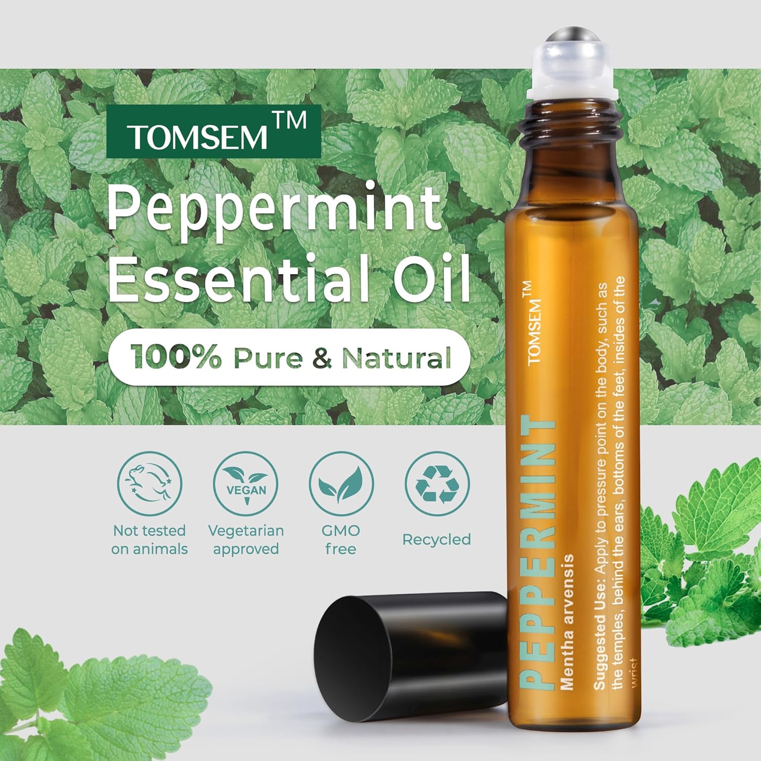 Peppermint Essential Oil, Pre-Diluted Mint Aromatherapy Rollerball, Cooling & Refreshing Scent for Travel, Focus, Relaxation, Easy-Apply Essential Oil Roller