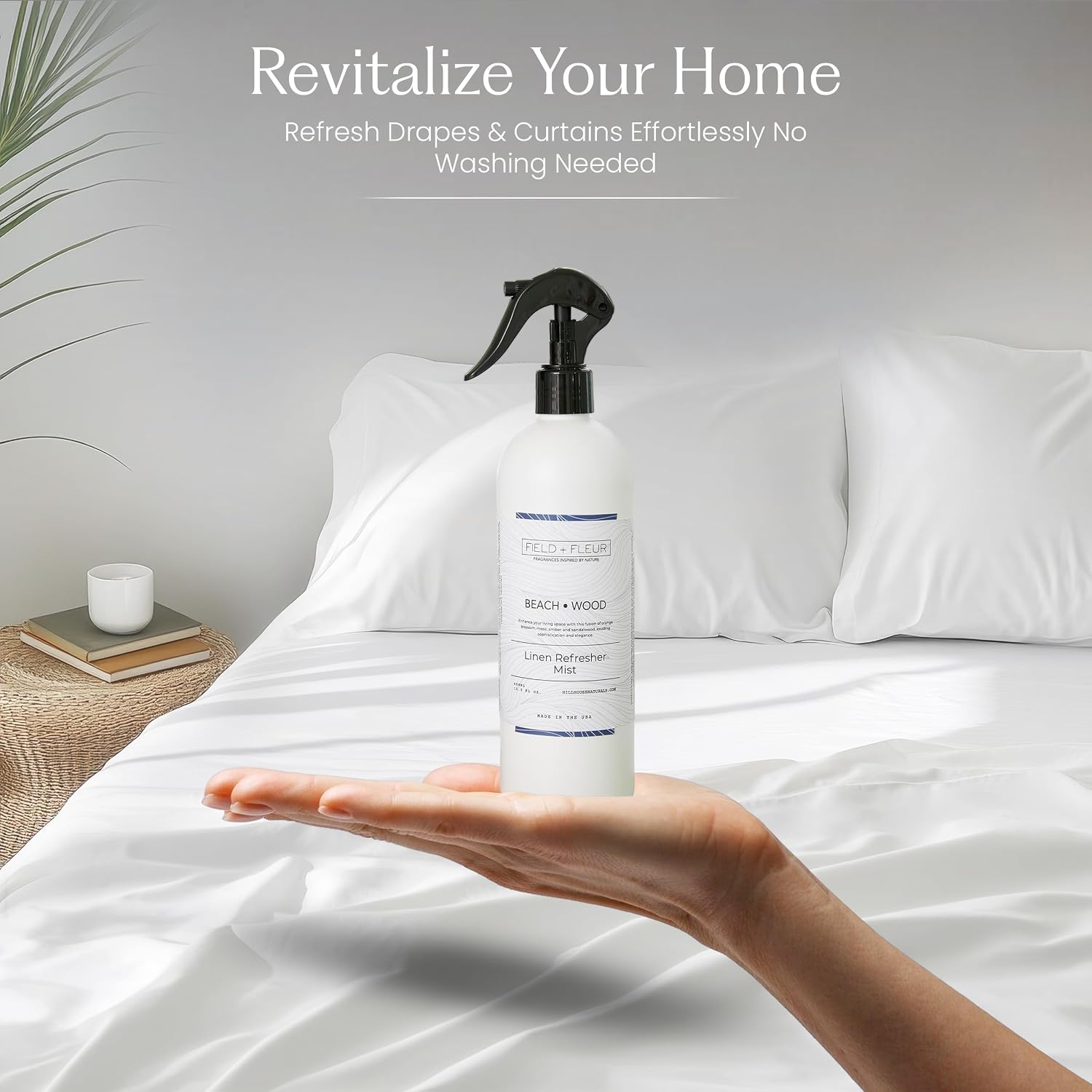 Field + Fleur - Linen Refresher Mist - Aromatic Spray for Fabrics - Refresh Bedding, Curtains & More - Notes of Orange Blossom, Moss, Amber & Sandalwood - Made in the USA -Beach Wood Scent -15.5 Fl Oz