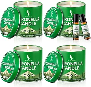 Citronella Candles Outdoor, Indoor Lemongrass Scented Candles with Citronella Essential Oil Roll On, Natural Soy Wax Jar Candle for Outside Camping Patio, 200-Hour Burn Time, 9 oz (4 Pack)