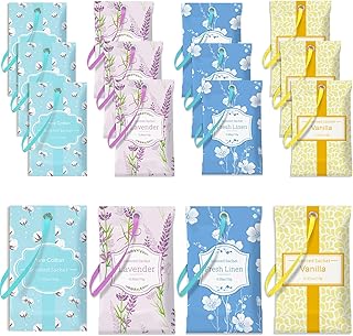 STRN Scented Sachets for Drawer and Closet, 4 Scents Linen, Lavender, Pure Cotton, Vanilla, 16 Packs Long-Lasting Sachets for Home Fragrance, Small Space Air Freshener for Wardrobes