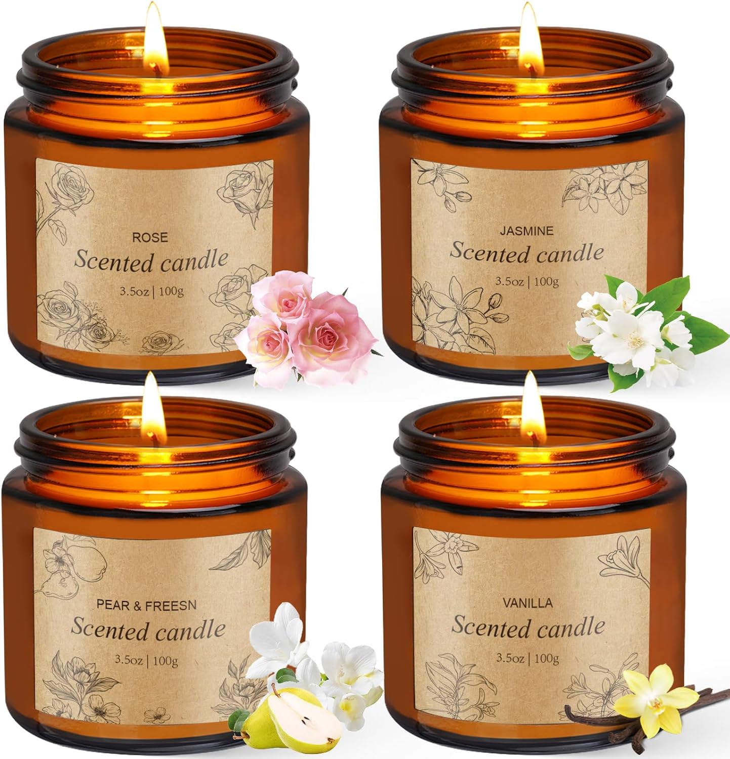 4 Packs Candles for Home Scented, Scented Candles Gifts for Women, Natural Soy Wax Amber Jar Candle, Long Lasting Aromatherapy Candle Gift Set for Birthday Valentine's Day Mother's Day