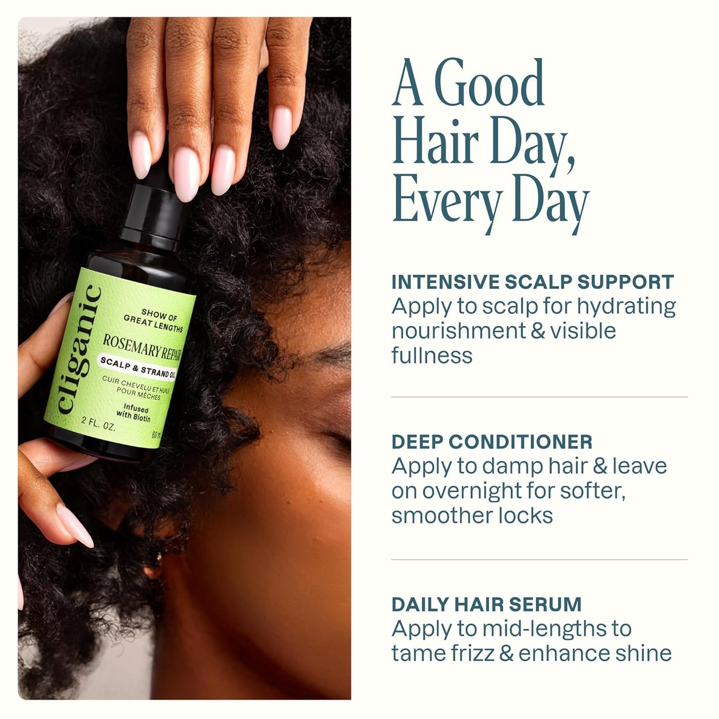 Cliganic Rosemary Hair & Scalp Oil with Biotin & Jojoba With Herbal Organic Ingredients - Serum To Smooth & Soften Frizzy, Damaged Hair, Split Ends & Dry Scalp Promote Fuller-Looking Hair 2 Fl Oz