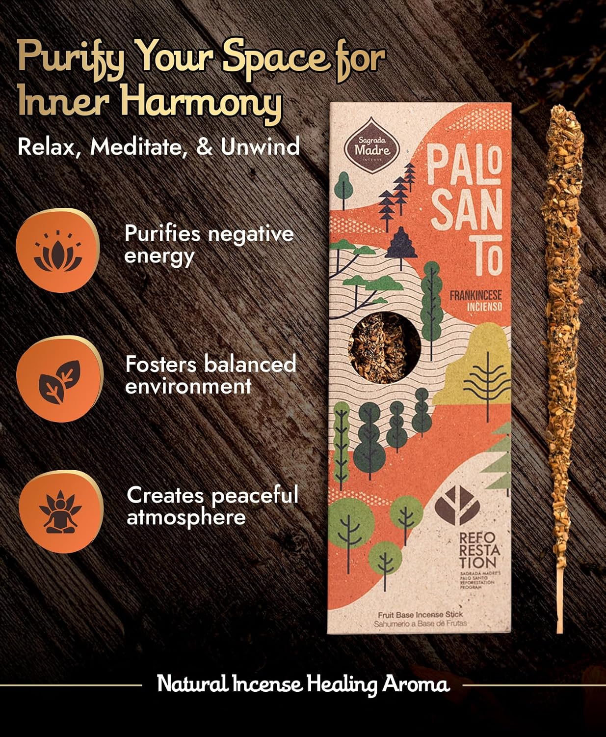 Sagrada Madre 4pcs Wildly Harvested Palo Santo Incense Sticks (Frankincense), 6.7” Long - Non-Toxic, Aromatic Incense Sticks (50 min Approx. Burning Time) to Heal & Calm Your Body and Environment