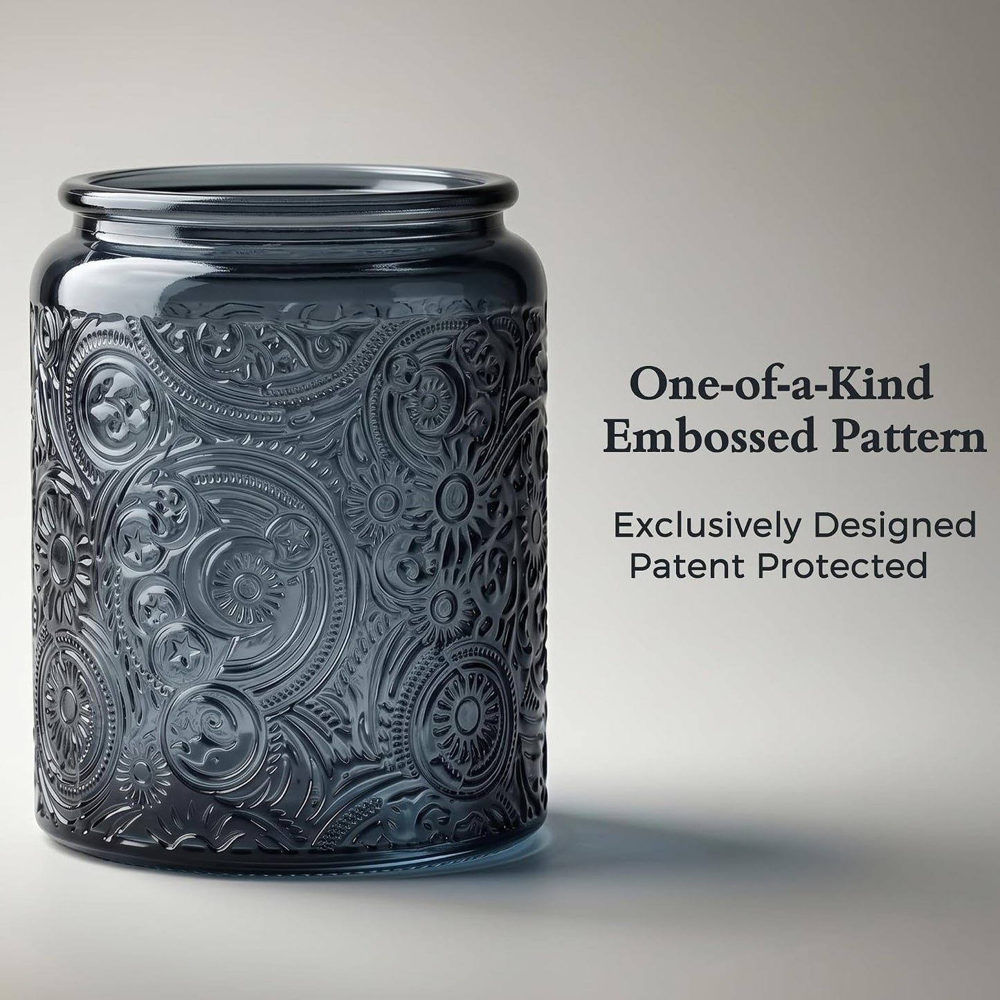 8 oz Gray Sun Moon Stars Candle Jars with Bamboo Lids, 9 Pack | Patented Embossed Design, Includes Wick Centering Devices & Warning Labels, Multiple Color Options