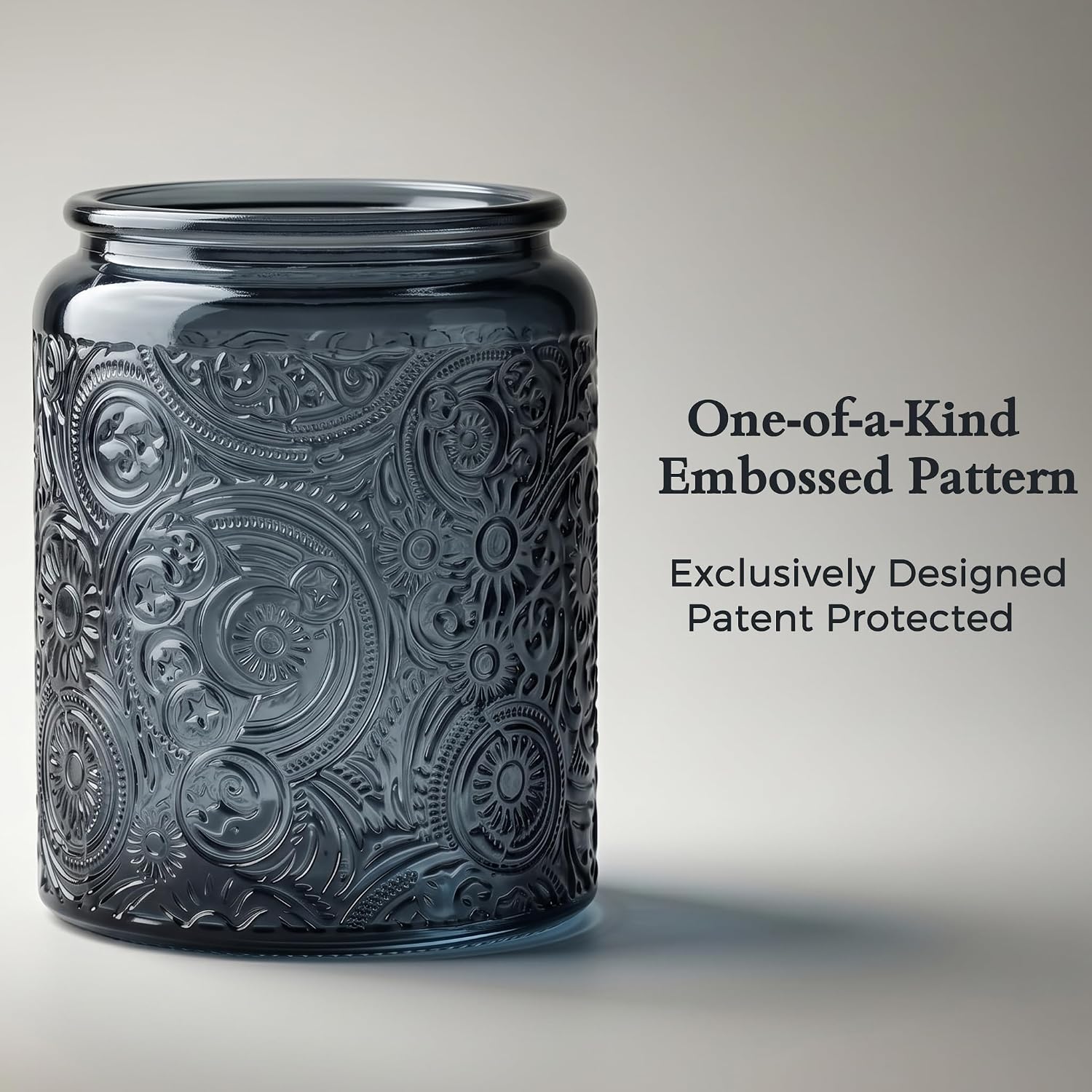 8 oz Gray Sun Moon Stars Candle Jars with Bamboo Lids, 9 Pack | Patented Embossed Design, Includes Wick Centering Devices & Warning Labels, Multiple Color Options